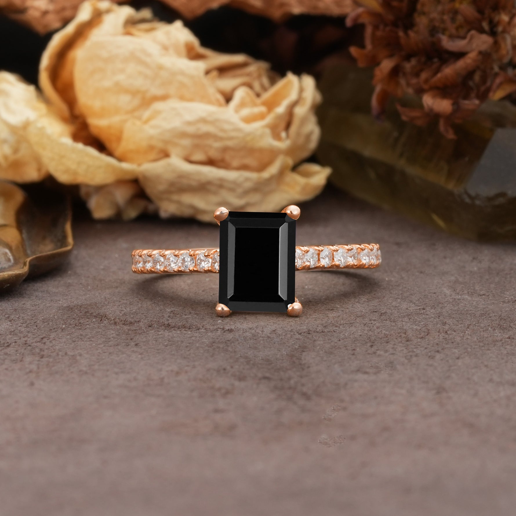 Unique, Minimalist 4-Prong Emerald Cut Black Onyx Engagement Ring - Additional view
