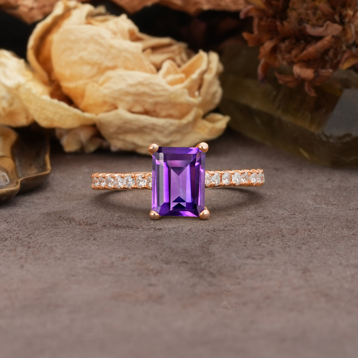 Unique, Minimalist 4-Prong Emerald Cut Amethyst Engagement Ring - Additional view