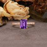 Unique, Minimalist 4-Prong Emerald Cut Amethyst Engagement Ring - Additional view