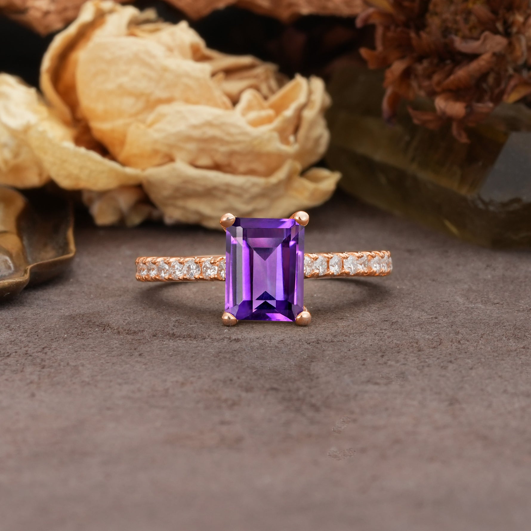 Unique, Minimalist 4-Prong Emerald Cut Amethyst Engagement Ring - Additional view