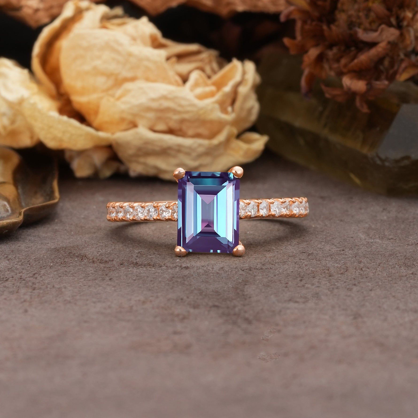 Unique, Minimalist 4-Prong Emerald Cut Alexandrite Engagement Ring - Additional view