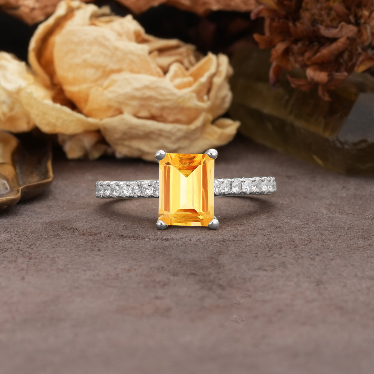 Unique, Minimalist 4-Prong Emerald Cut Citrine Engagement Ring - Additional view