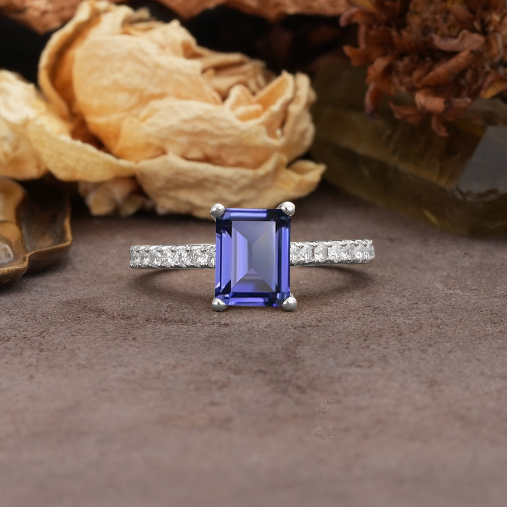 Unique, Minimalist 4-Prong Emerald Cut Tanzanite Engagement Ring - Additional view