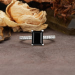 Unique, Minimalist 4-Prong Emerald Cut Black Onyx Engagement Ring - Additional view