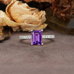 Unique, Minimalist 4-Prong Emerald Cut Amethyst Engagement Ring - Additional view