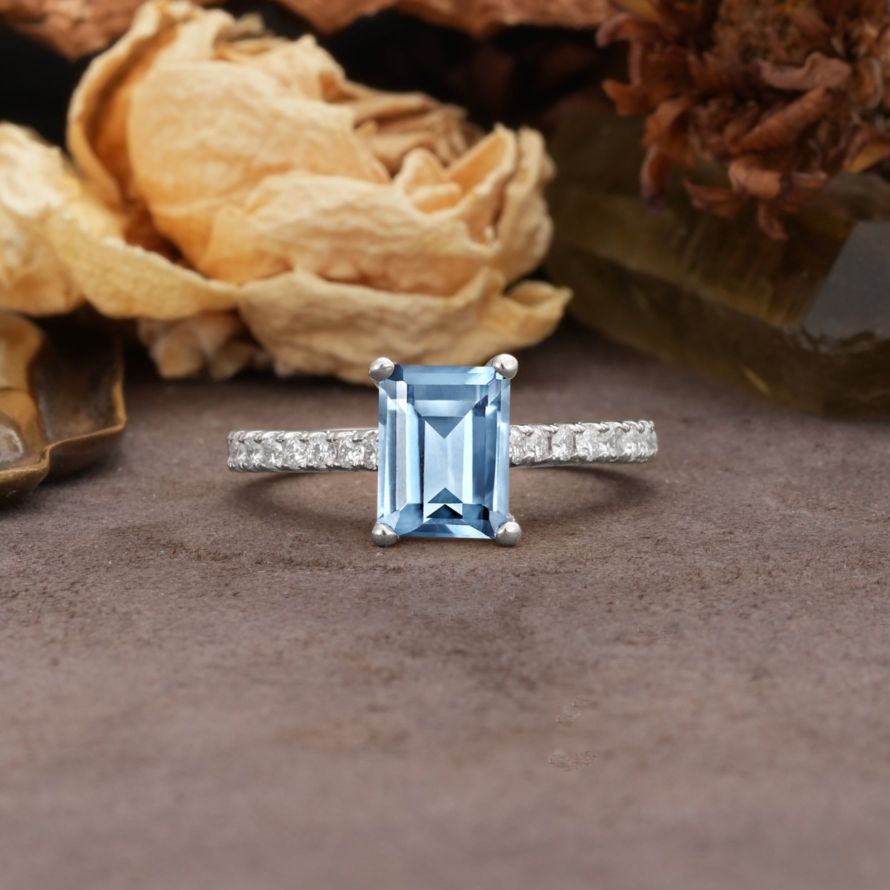 Unique, Minimalist 4-Prong Emerald Cut Aquamarine Engagement Ring - Additional view