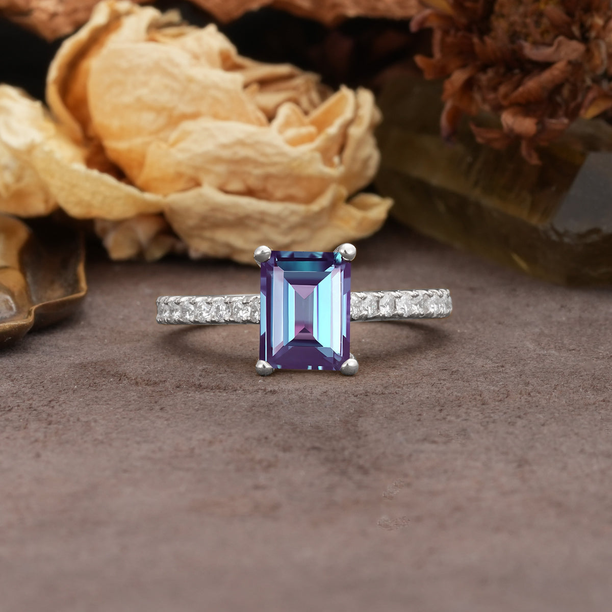 Unique, Minimalist 4-Prong Emerald Cut Alexandrite Engagement Ring - Additional view
