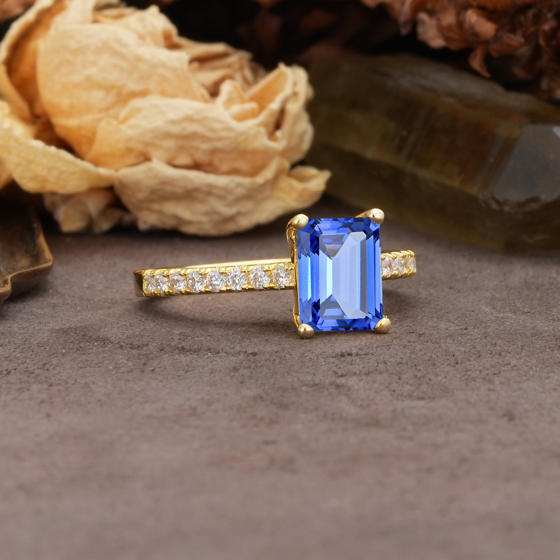 Unique, Minimalist 4-Prong Emerald Cut Sapphire Engagement Ring - Additional view