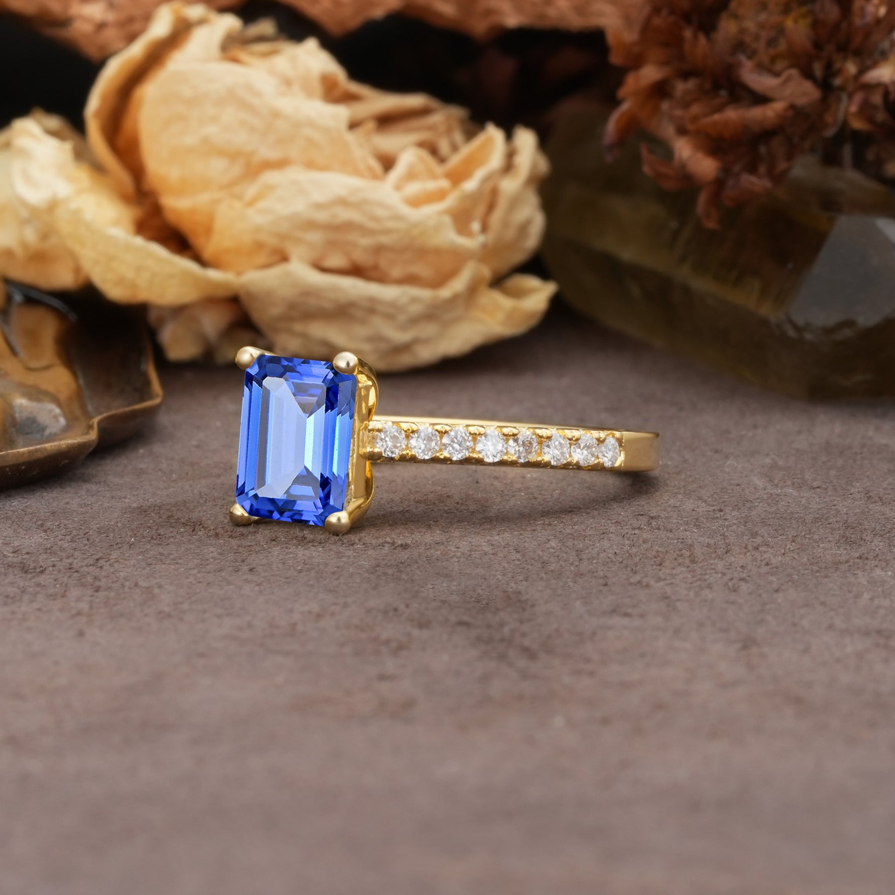 Unique, Minimalist 4-Prong Emerald Cut Sapphire Engagement Ring - Additional view
