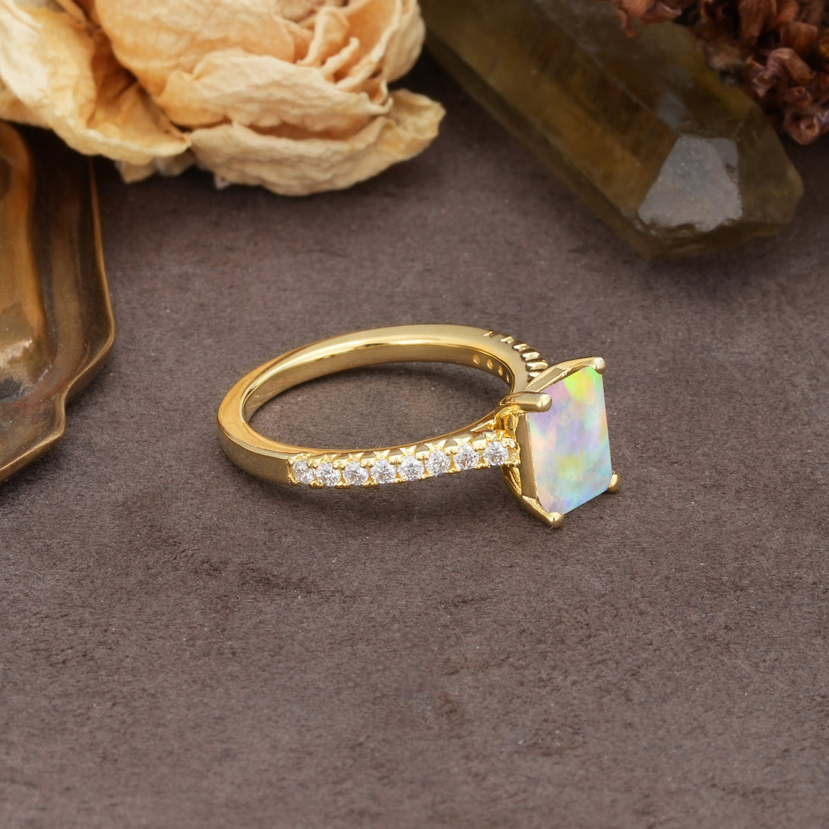 Unique, Minimalist 4-Prong Emerald Cut Fire Opal Engagement Ring - Additional view
