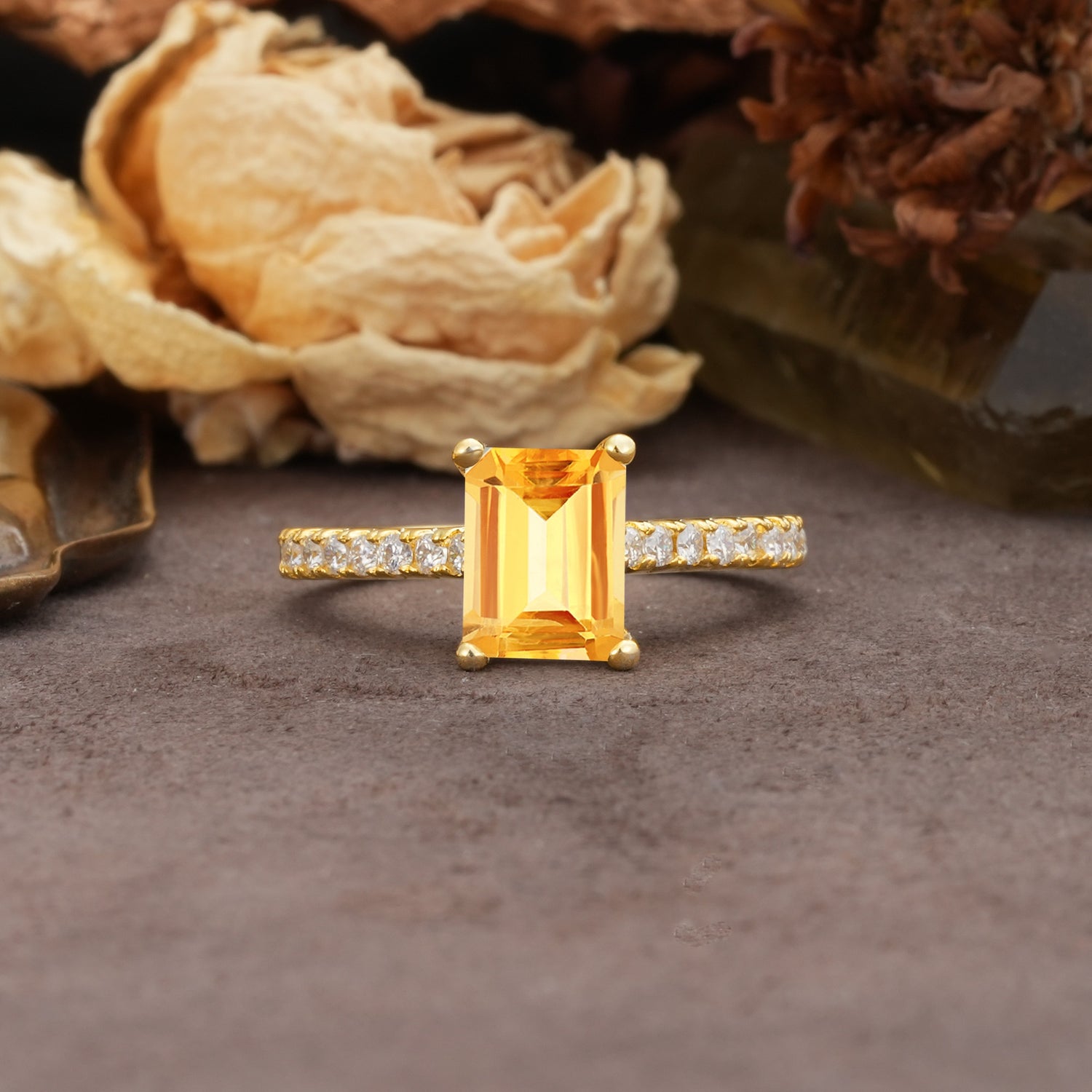 Unique, Minimalist 4-Prong Emerald Cut Citrine Engagement Ring - Additional view
