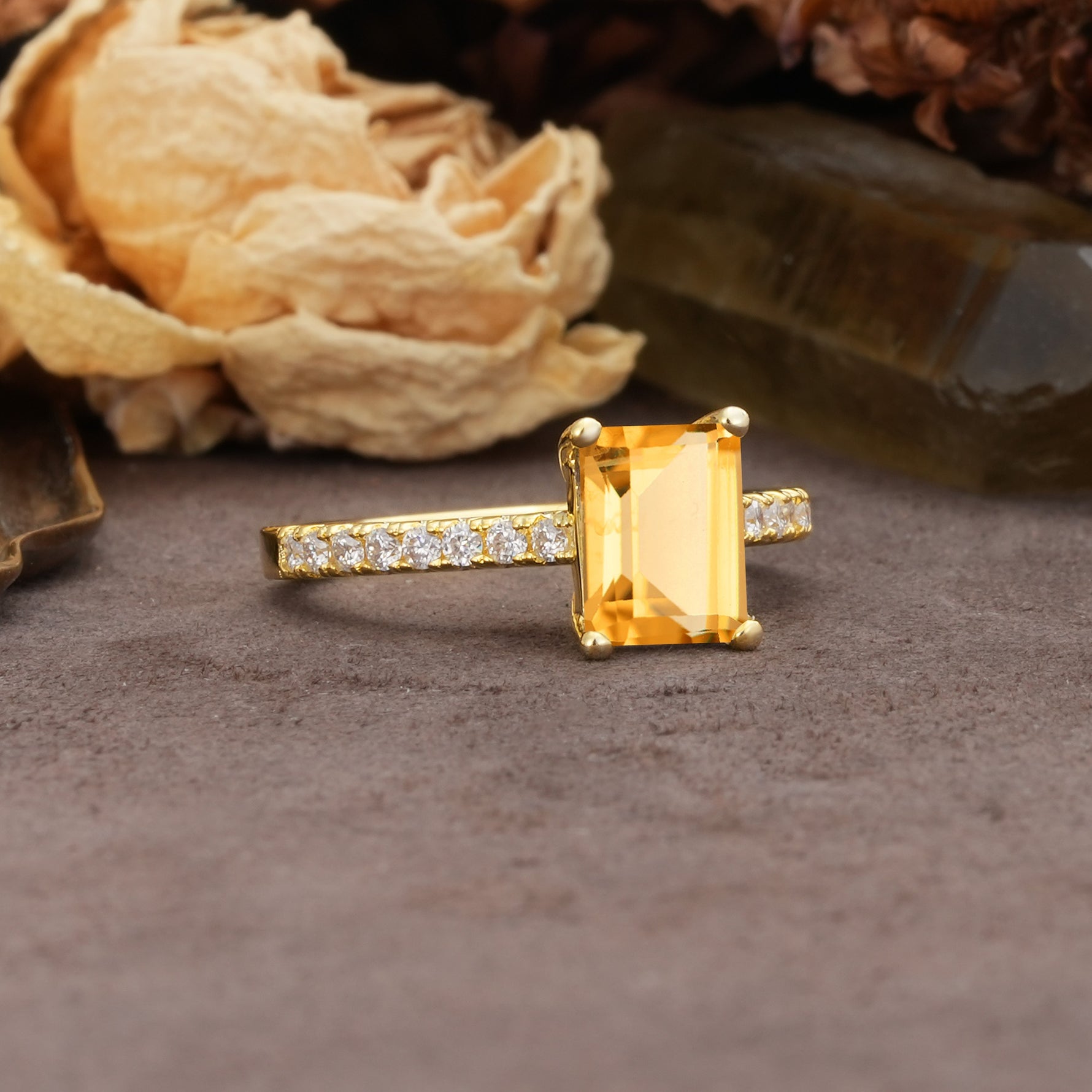 Unique, Minimalist 4-Prong Emerald Cut Citrine Engagement Ring - Additional view