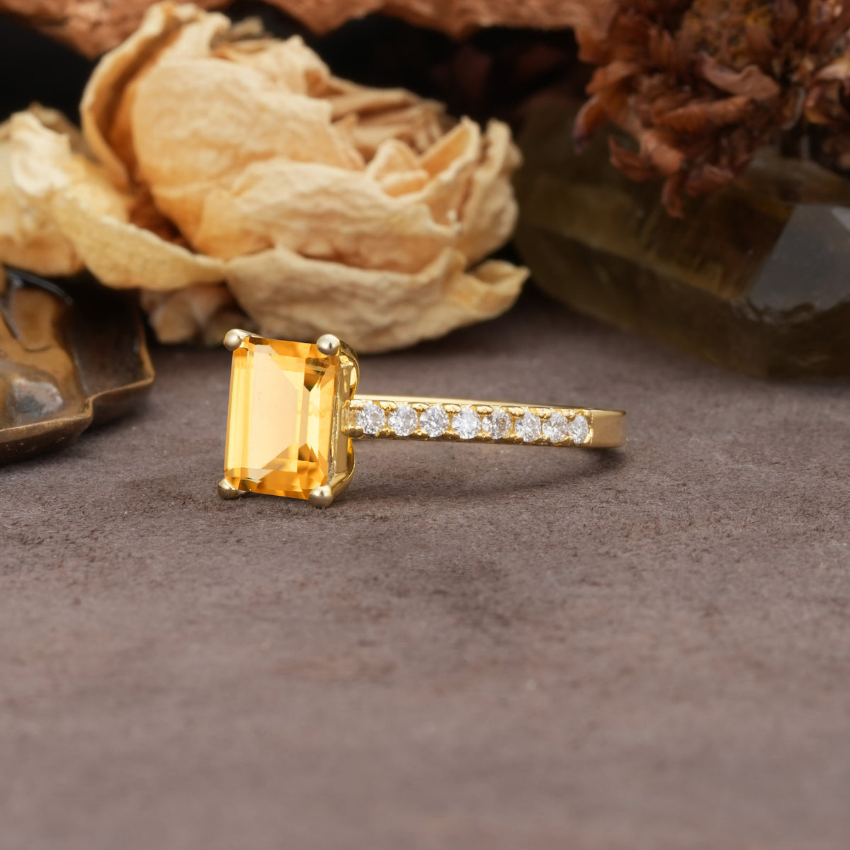 Unique, Minimalist 4-Prong Emerald Cut Citrine Engagement Ring - Additional view