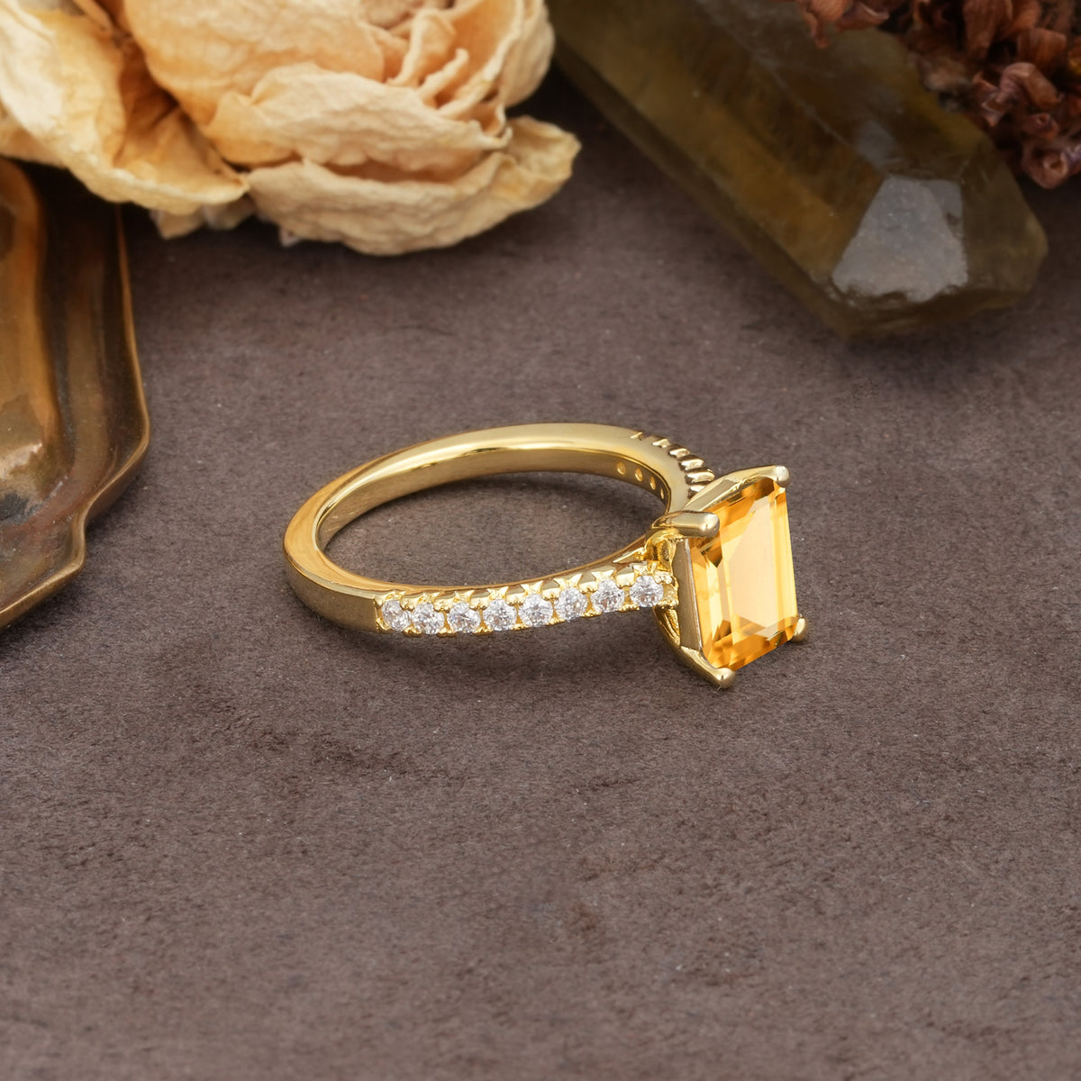 Unique, Minimalist 4-Prong Emerald Cut Citrine Engagement Ring - Additional view