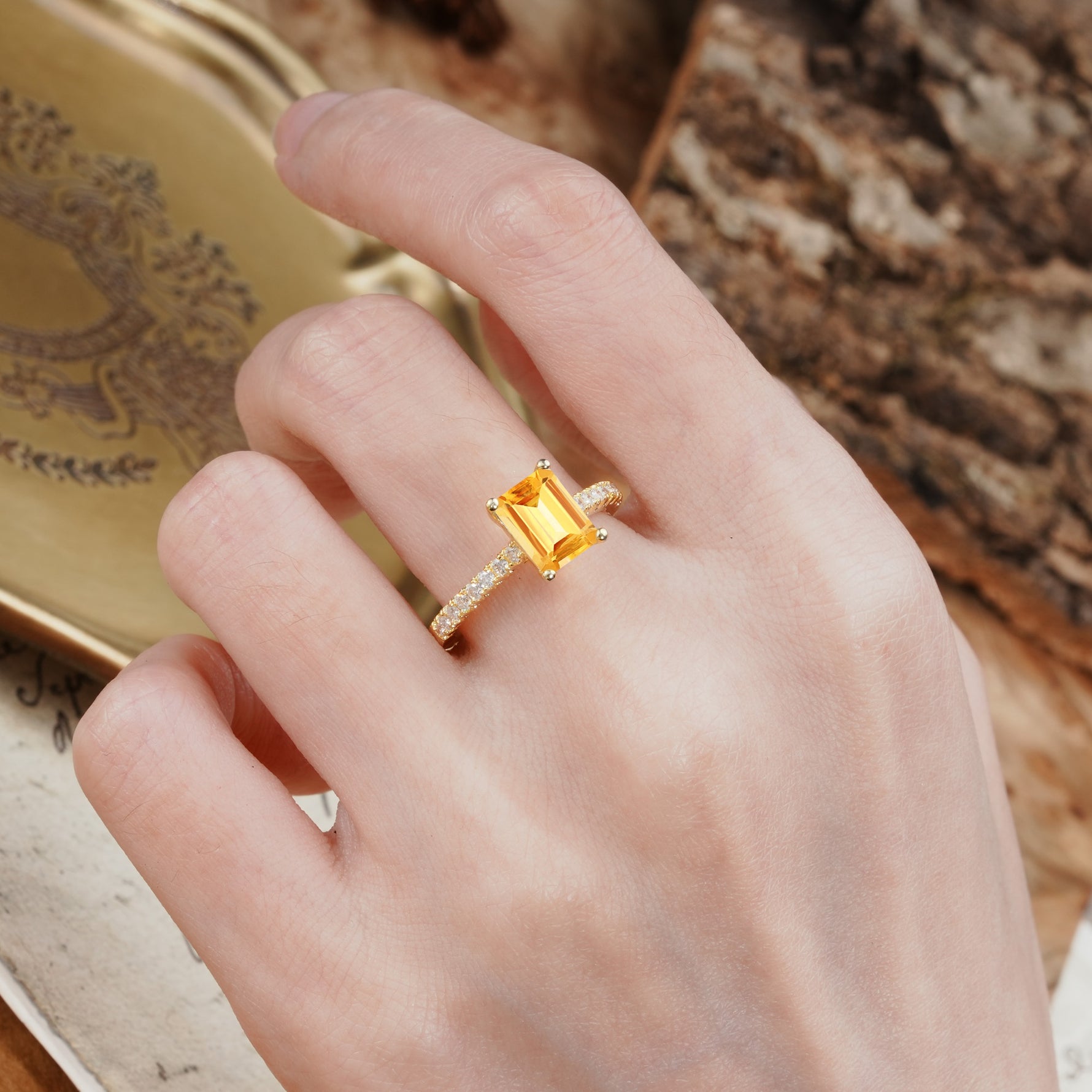 Unique, Minimalist 4-Prong Emerald Cut Citrine Engagement Ring - Additional view