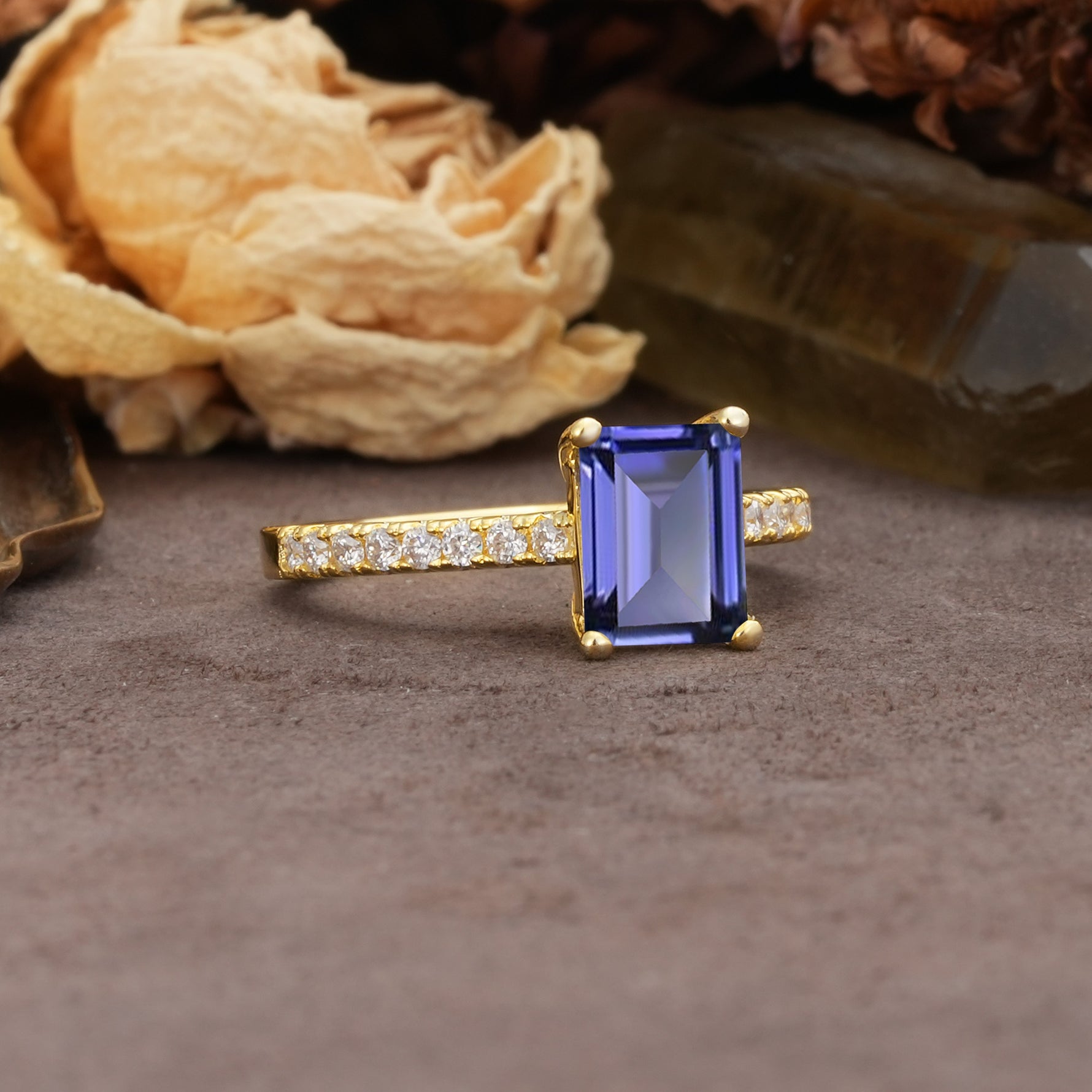 Unique, Minimalist 4-Prong Emerald Cut Tanzanite Engagement Ring - Additional view