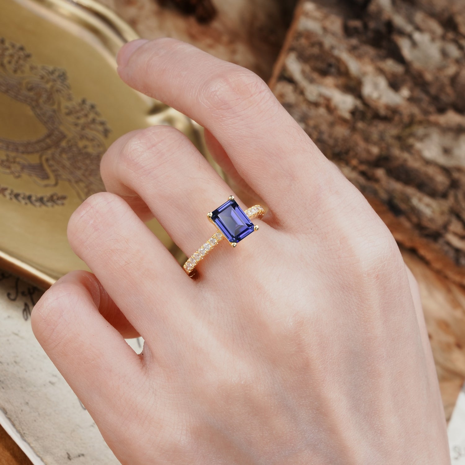 Unique, Minimalist 4-Prong Emerald Cut Tanzanite Engagement Ring - Additional view