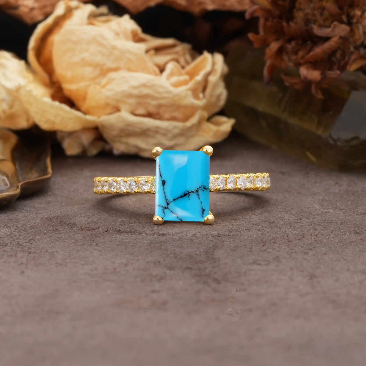 Unique, Minimalist 4-Prong Emerald Cut Turquoise Engagement Ring - Additional view