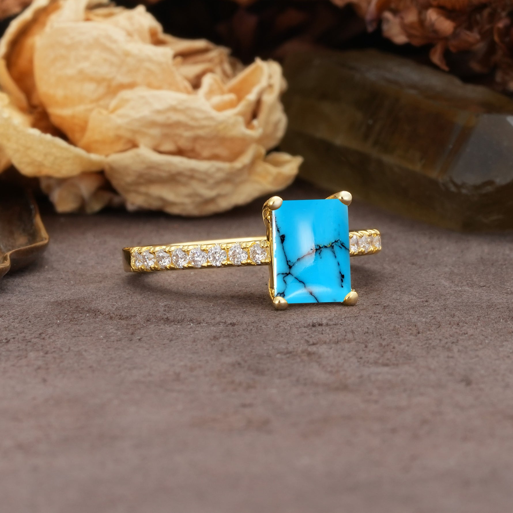 Unique, Minimalist 4-Prong Emerald Cut Turquoise Engagement Ring - Additional view
