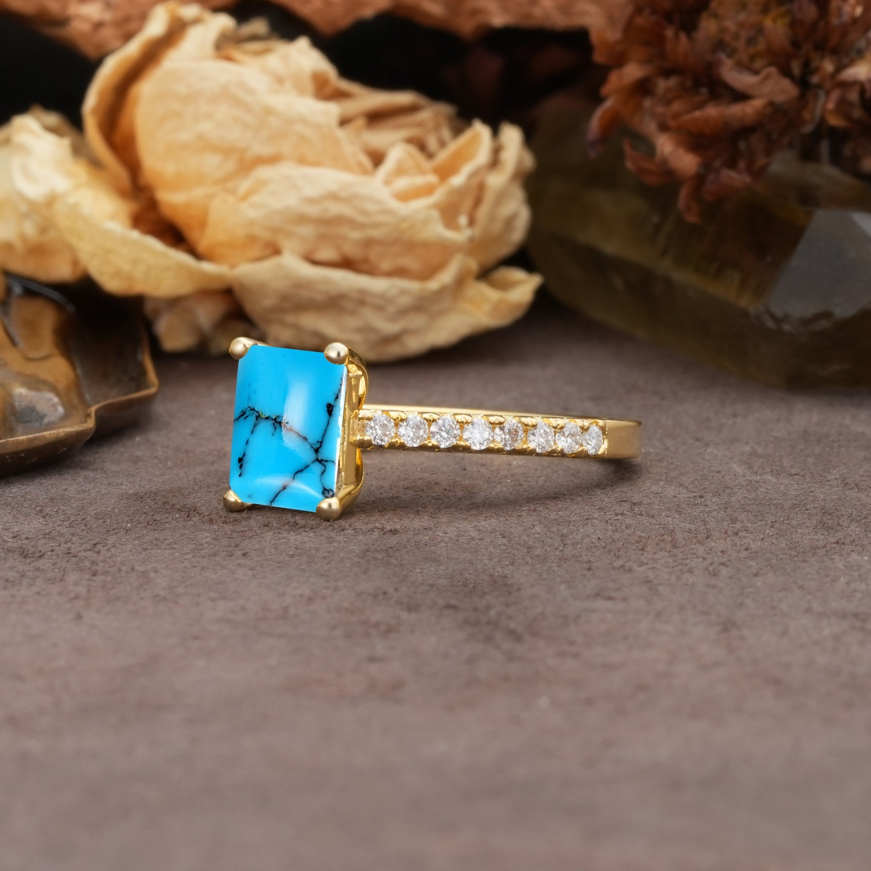 Unique, Minimalist 4-Prong Emerald Cut Turquoise Engagement Ring - Additional view