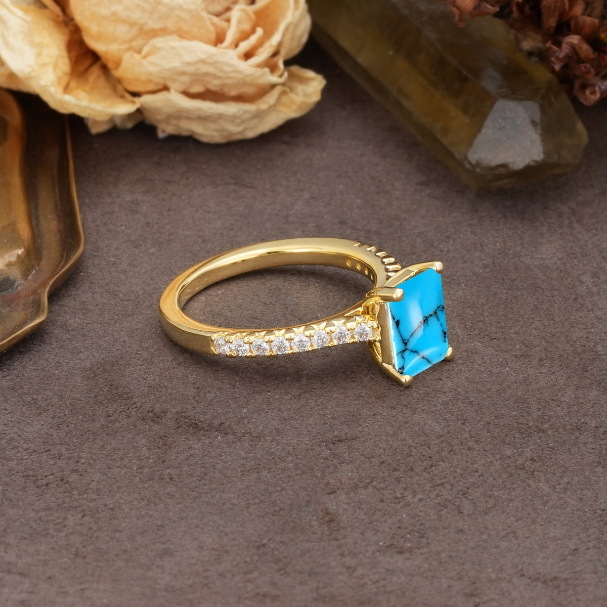 Unique, Minimalist 4-Prong Emerald Cut Turquoise Engagement Ring - Additional view