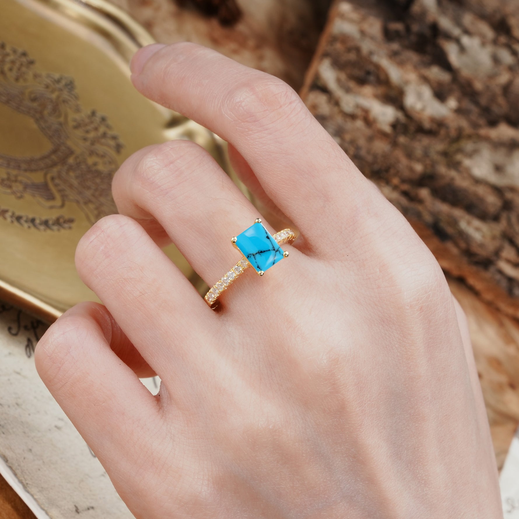 Unique, Minimalist 4-Prong Emerald Cut Turquoise Engagement Ring - Additional view