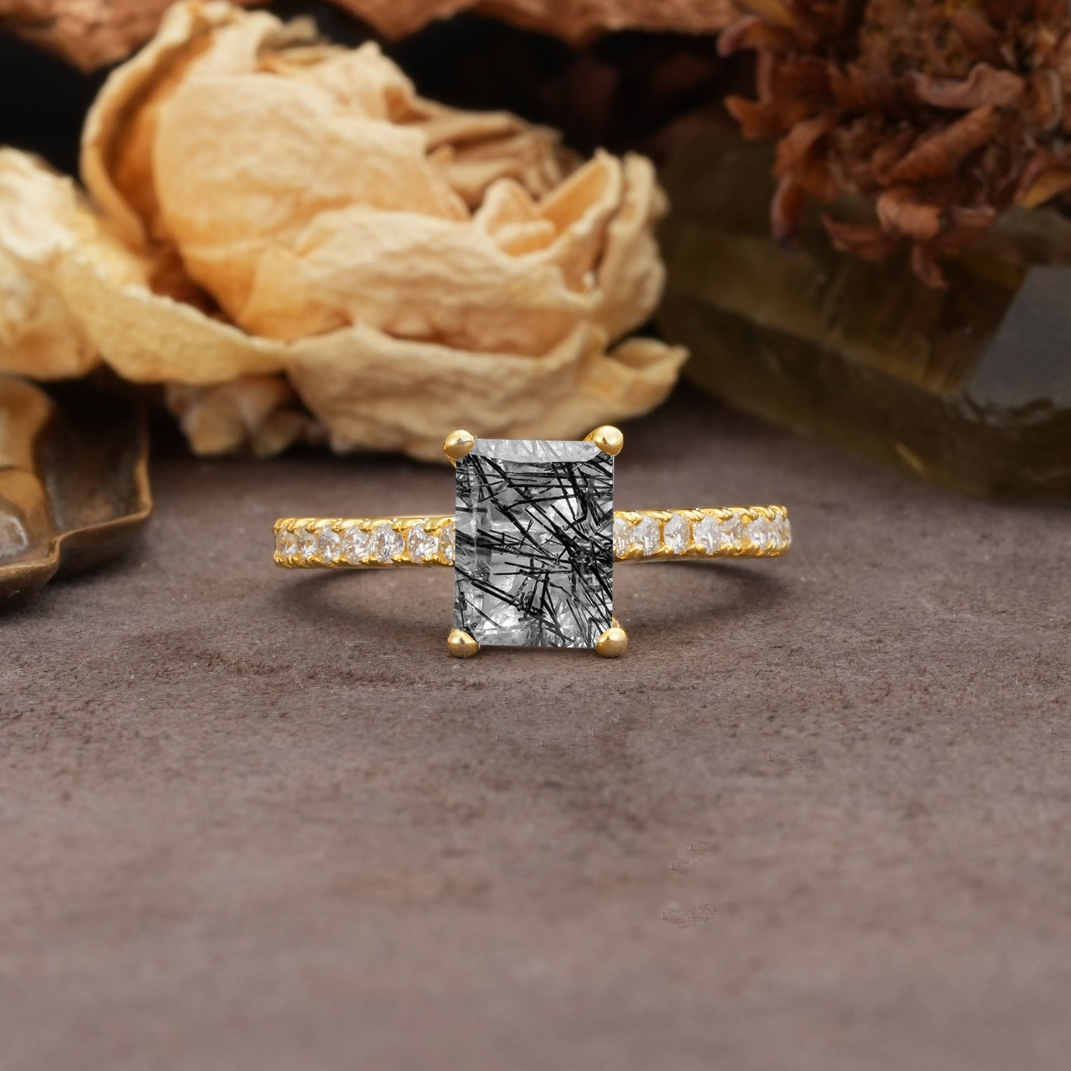 Unique, Minimalist 4-Prong Emerald Cut Black Rutilated Quartz Engagement Ring - Additional view