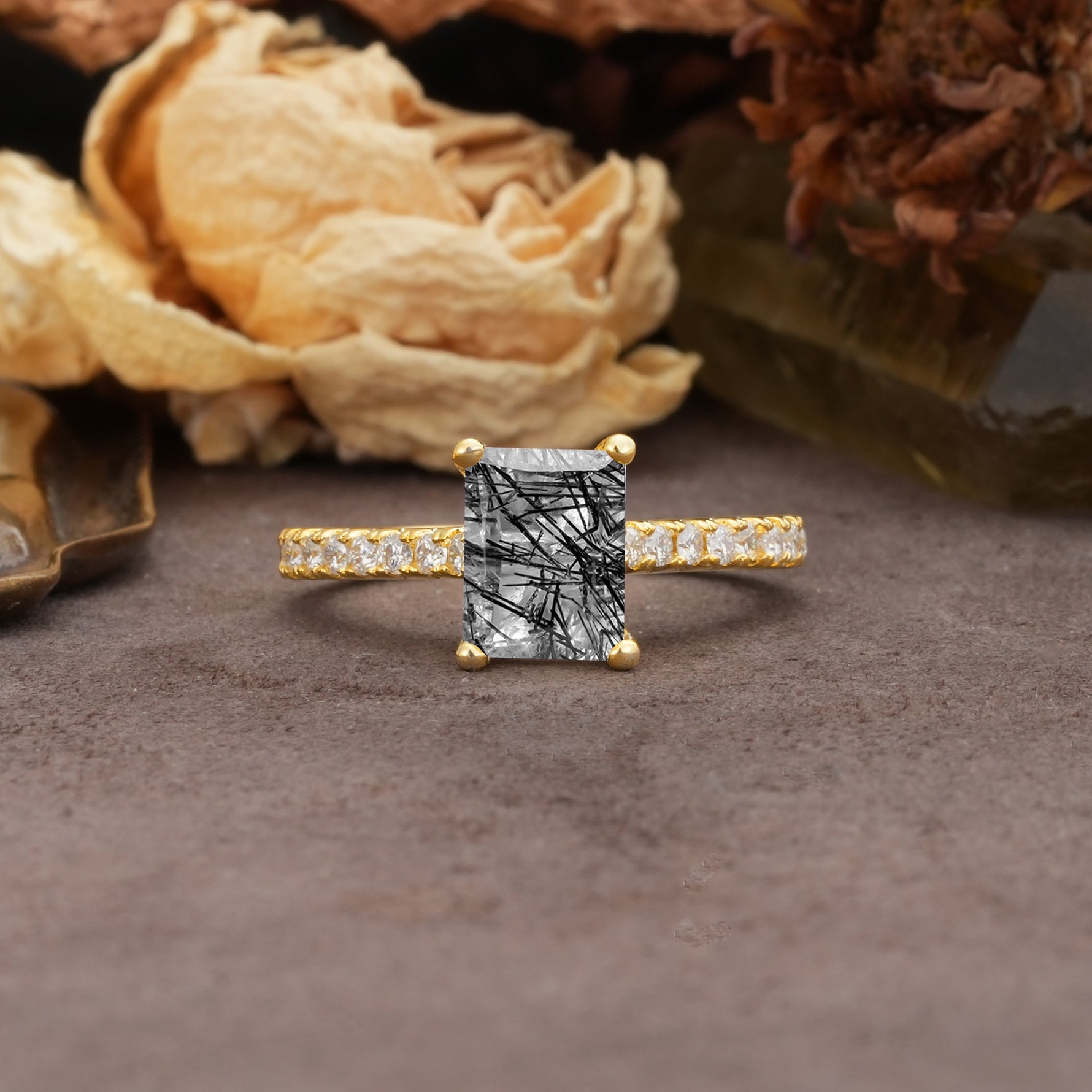 Unique, Minimalist 4-Prong Emerald Cut Black Rutilated Quartz Engagement Ring - Additional view