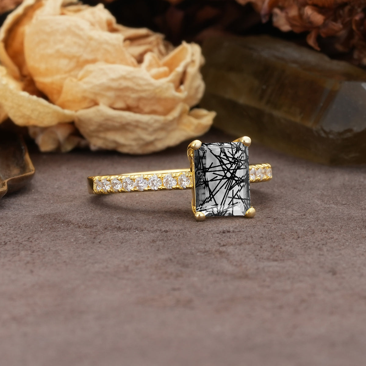 Unique, Minimalist 4-Prong Emerald Cut Black Rutilated Quartz Engagement Ring - Additional view