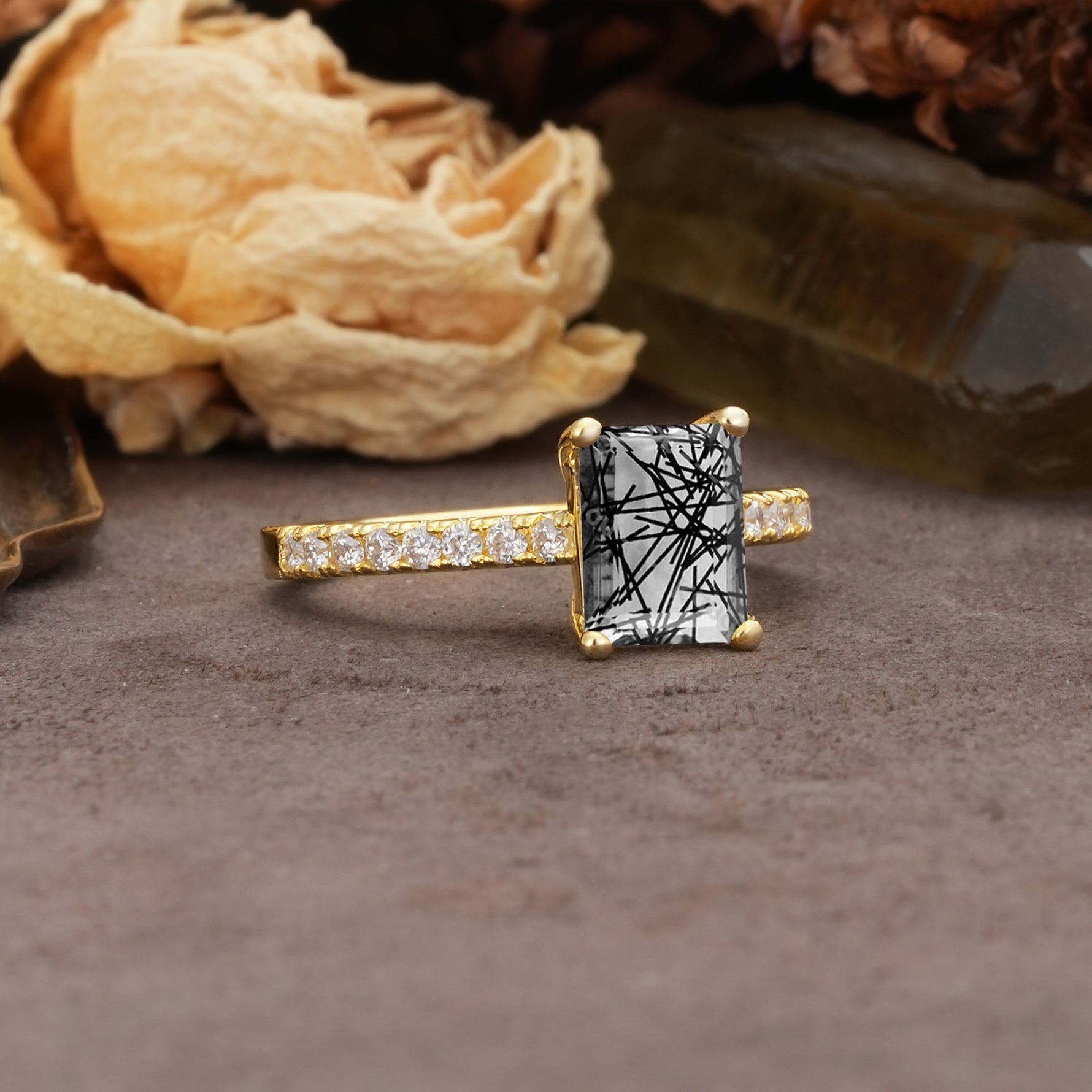 Unique, Minimalist 4-Prong Emerald Cut Black Rutilated Quartz Engagement Ring - Additional view