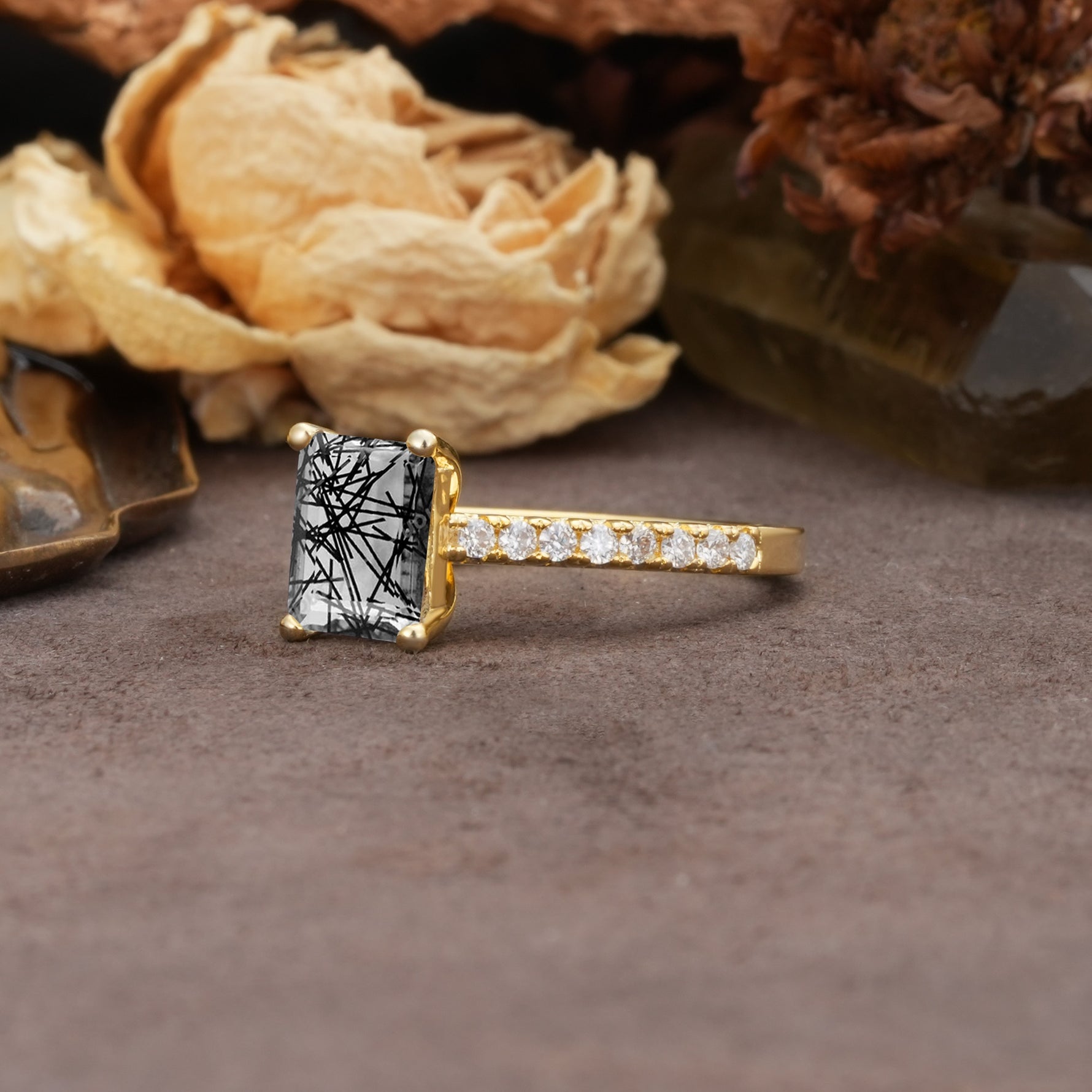 Unique, Minimalist 4-Prong Emerald Cut Black Rutilated Quartz Engagement Ring - Additional view