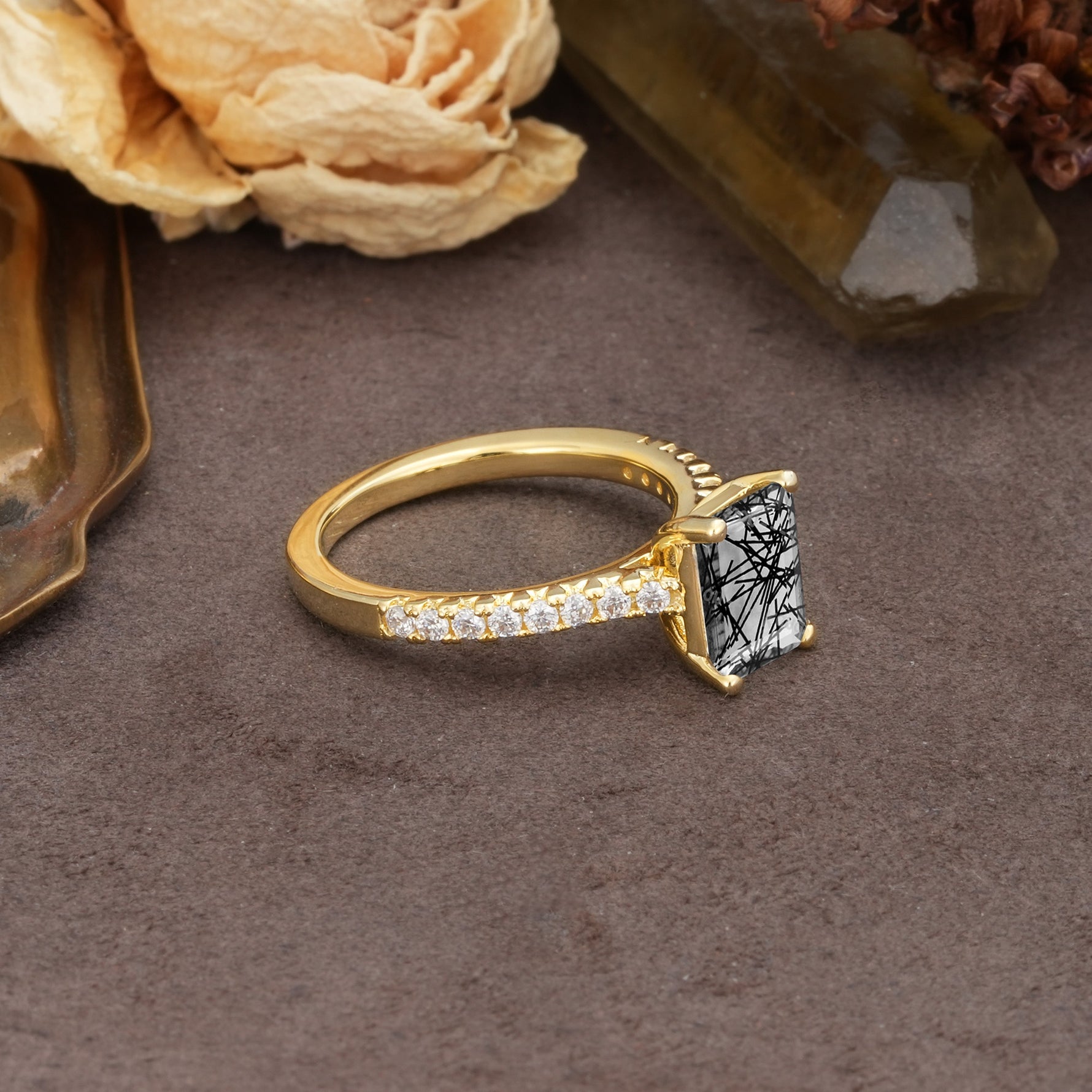 Unique, Minimalist 4-Prong Emerald Cut Black Rutilated Quartz Engagement Ring - Additional view