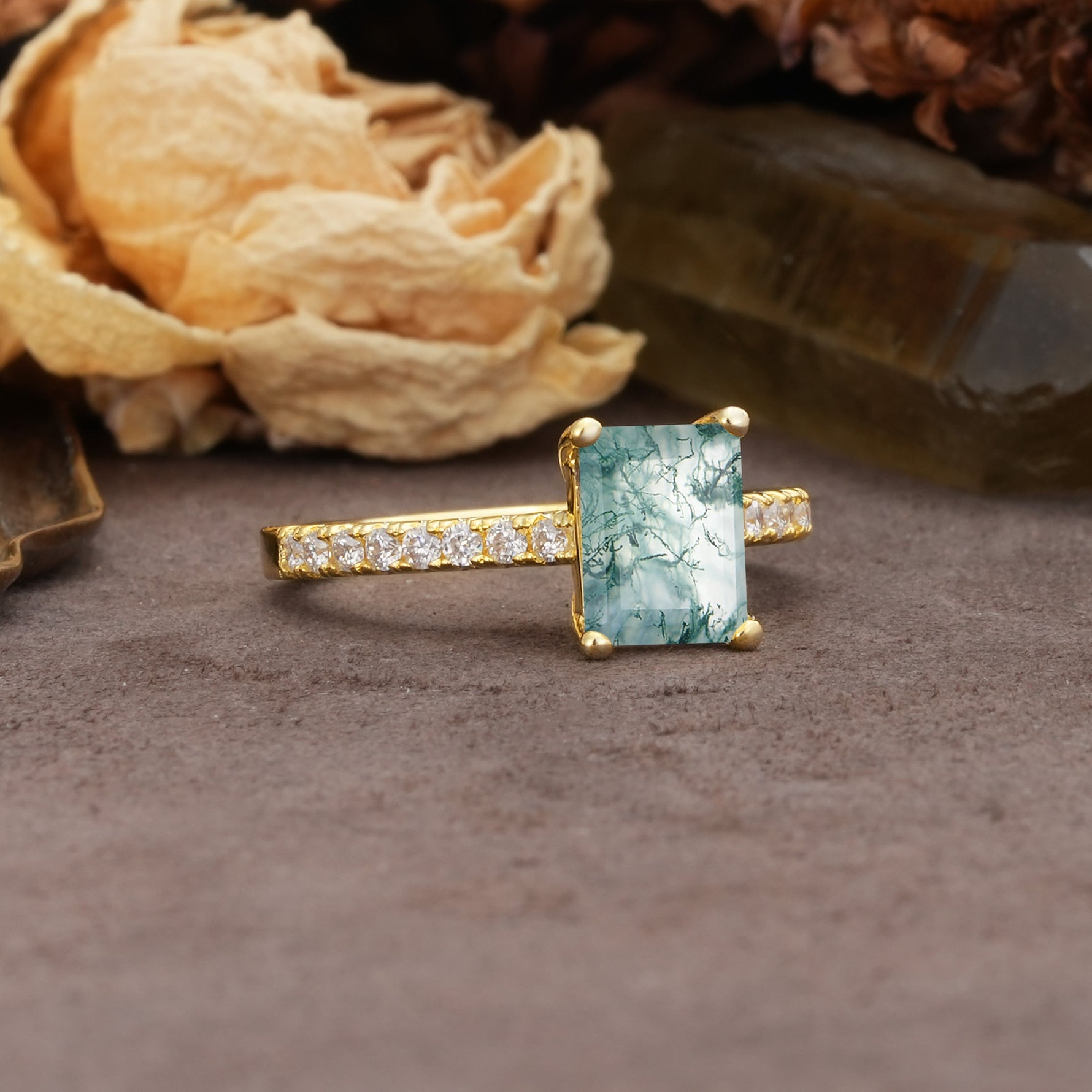 Unique, Minimalist 4-Prong Emerald Cut Moss Agate Engagement Ring - Additional view