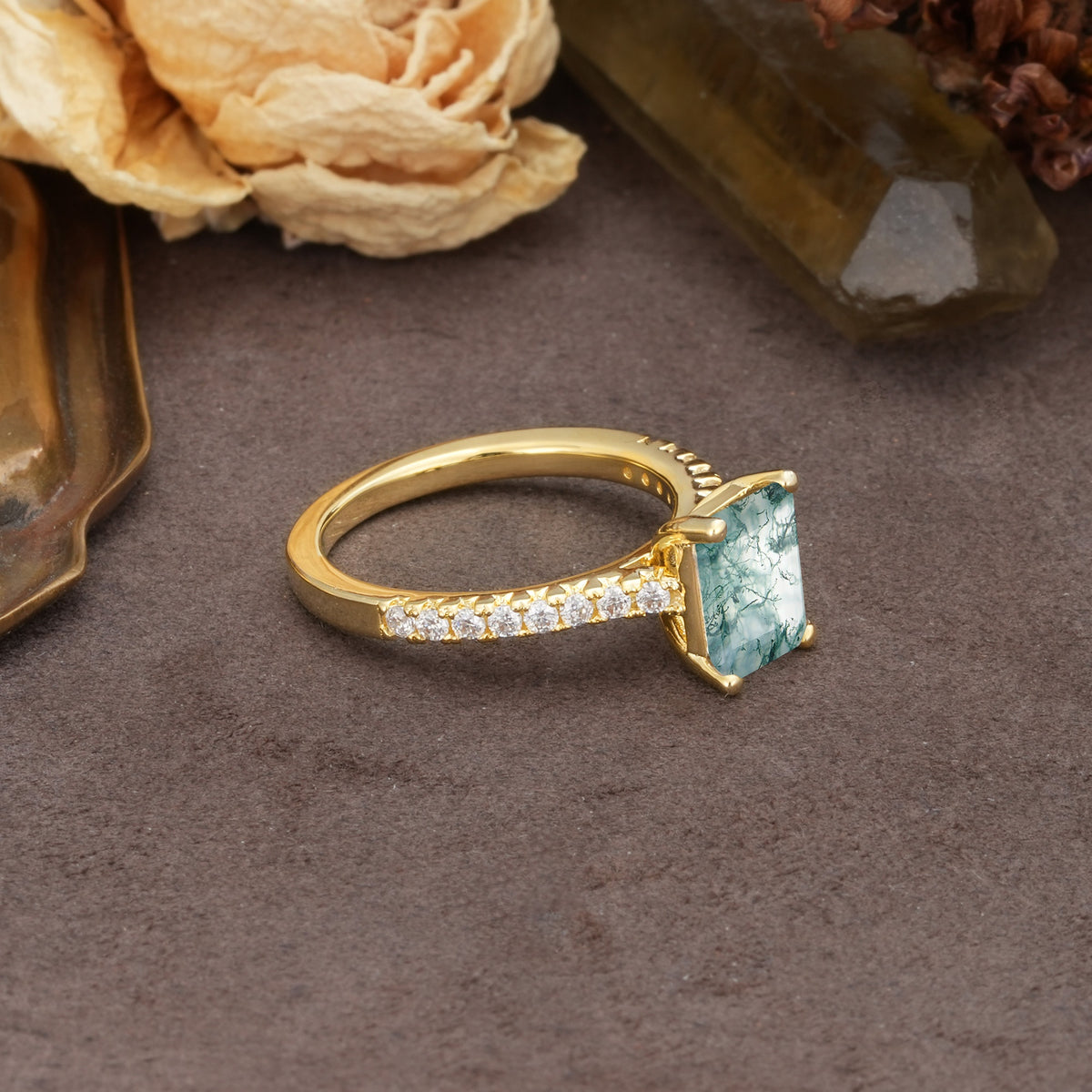 Unique, Minimalist 4-Prong Emerald Cut Moss Agate Engagement Ring - Additional view