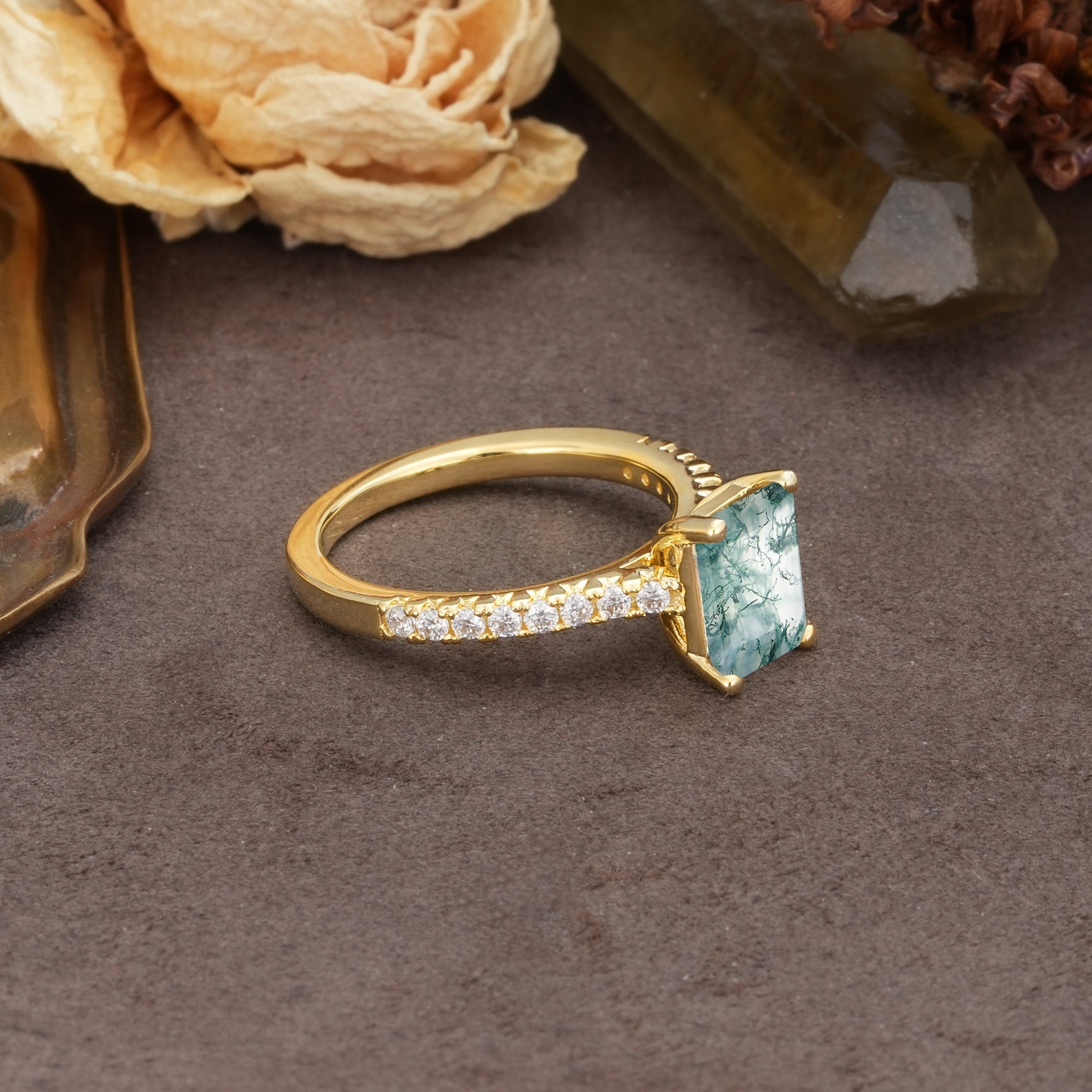 Unique, Minimalist 4-Prong Emerald Cut Moss Agate Engagement Ring - Additional view