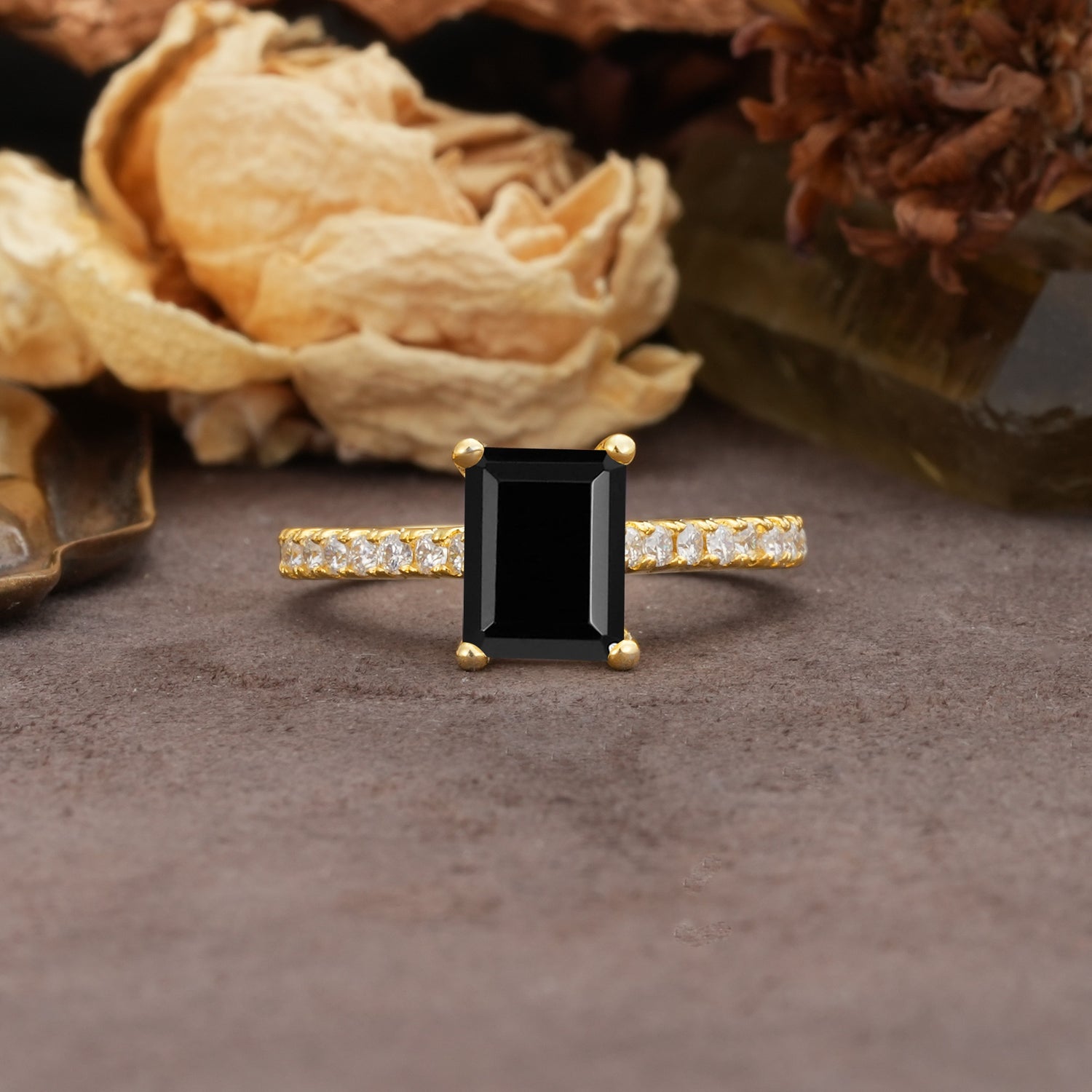 Unique, Minimalist 4-Prong Emerald Cut Black Onyx Engagement Ring - Additional view