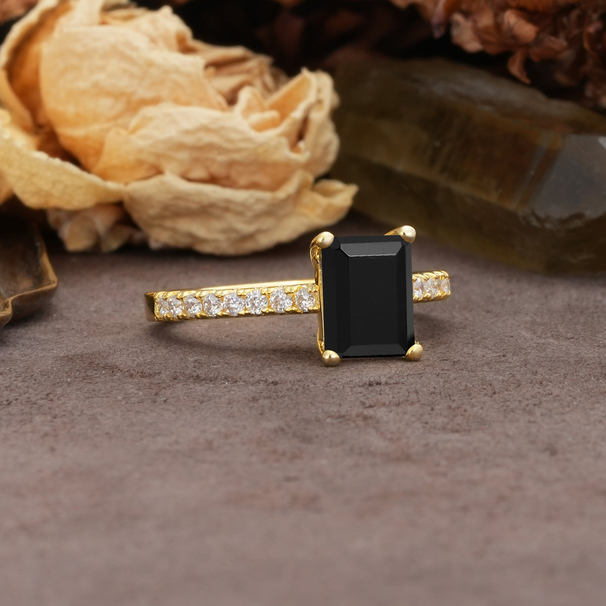 Unique, Minimalist 4-Prong Emerald Cut Black Onyx Engagement Ring - Additional view