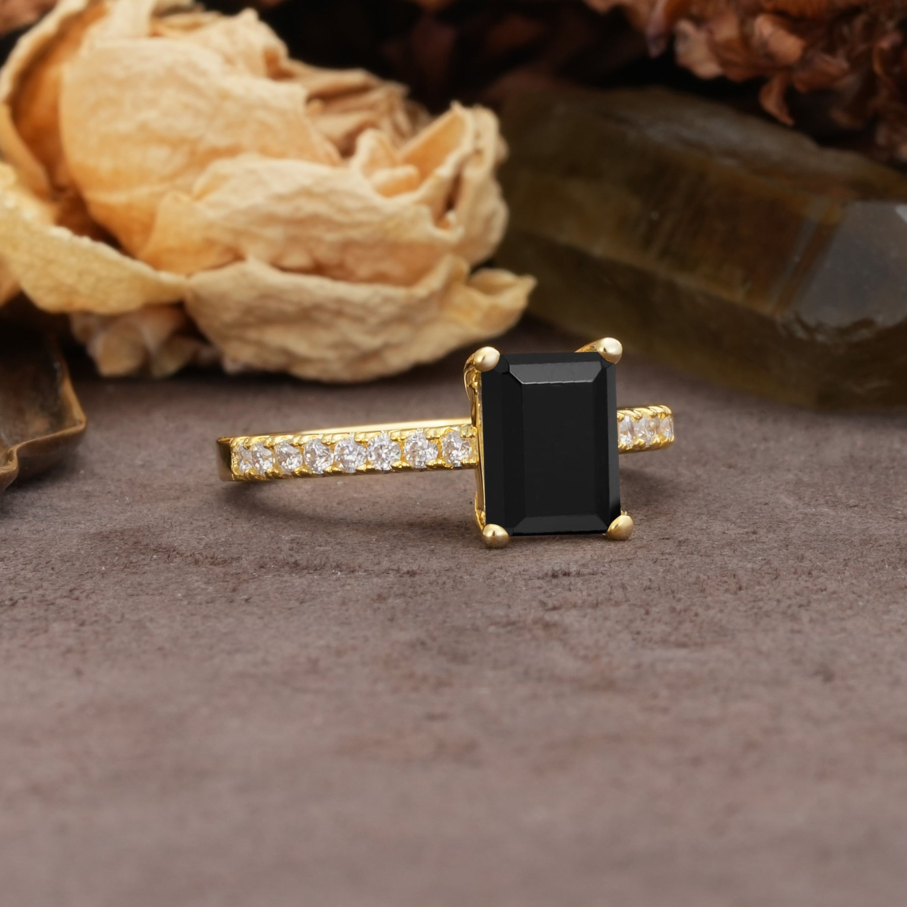 Unique, Minimalist 4-Prong Emerald Cut Black Onyx Engagement Ring - Additional view