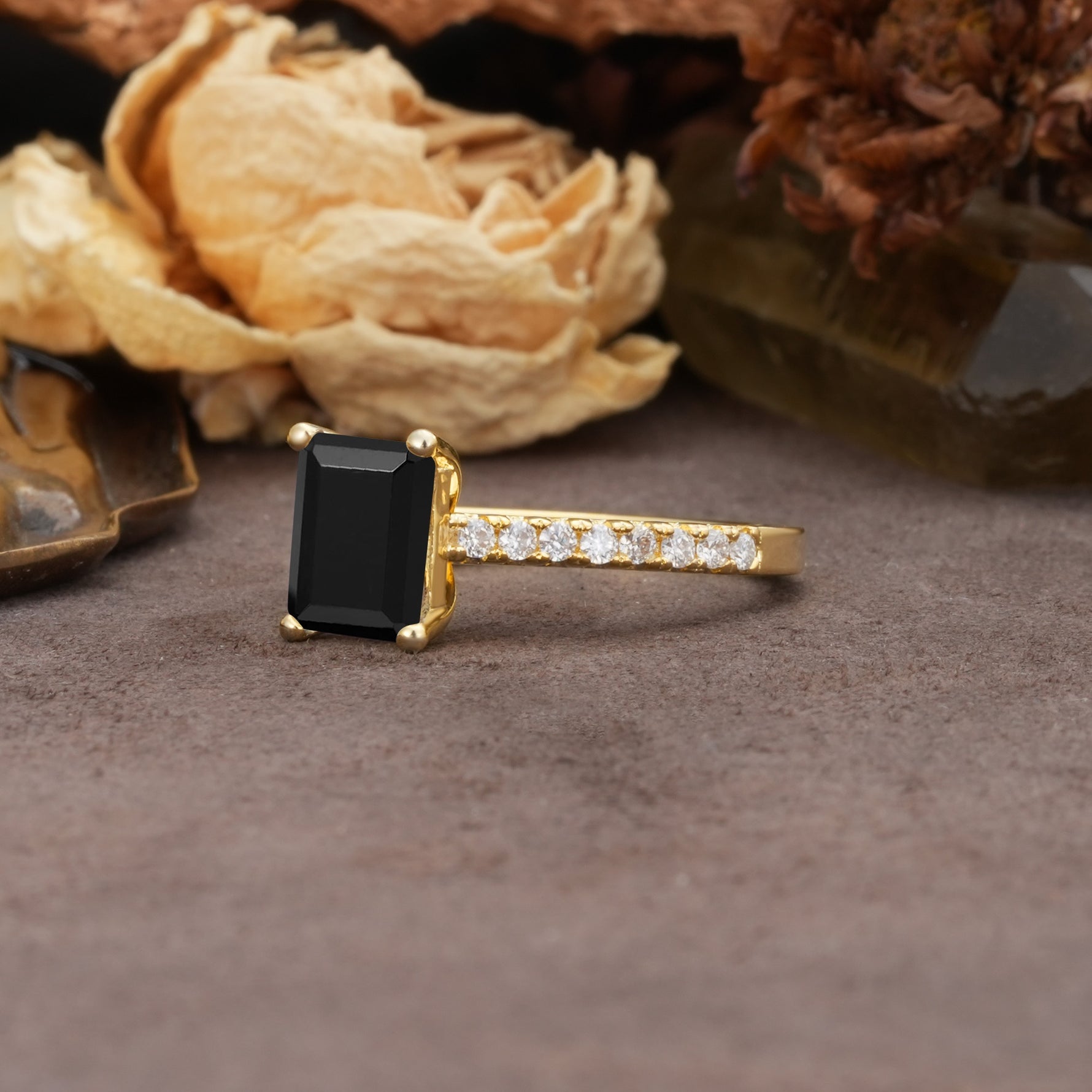 Unique, Minimalist 4-Prong Emerald Cut Black Onyx Engagement Ring - Additional view