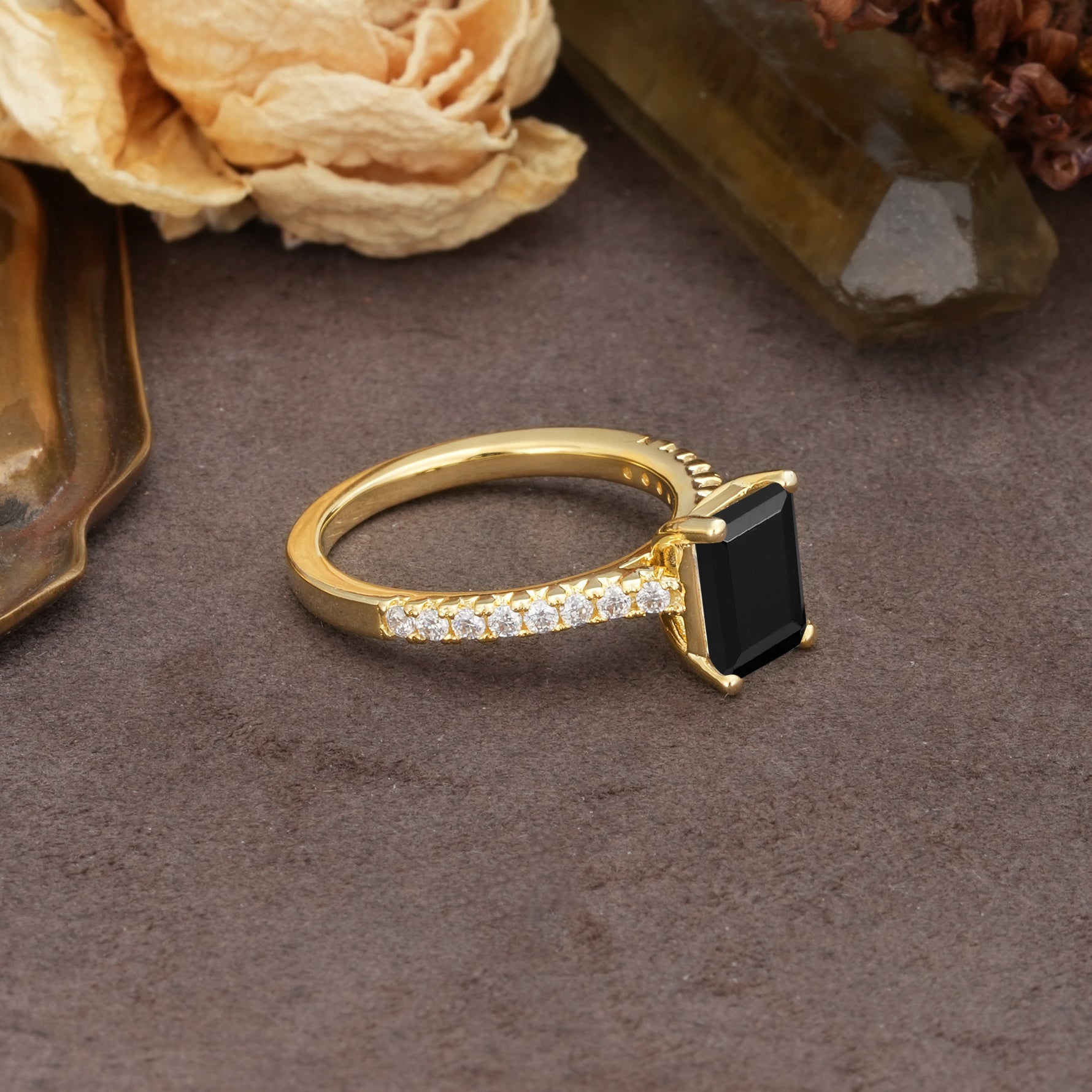 Unique, Minimalist 4-Prong Emerald Cut Black Onyx Engagement Ring - Additional view