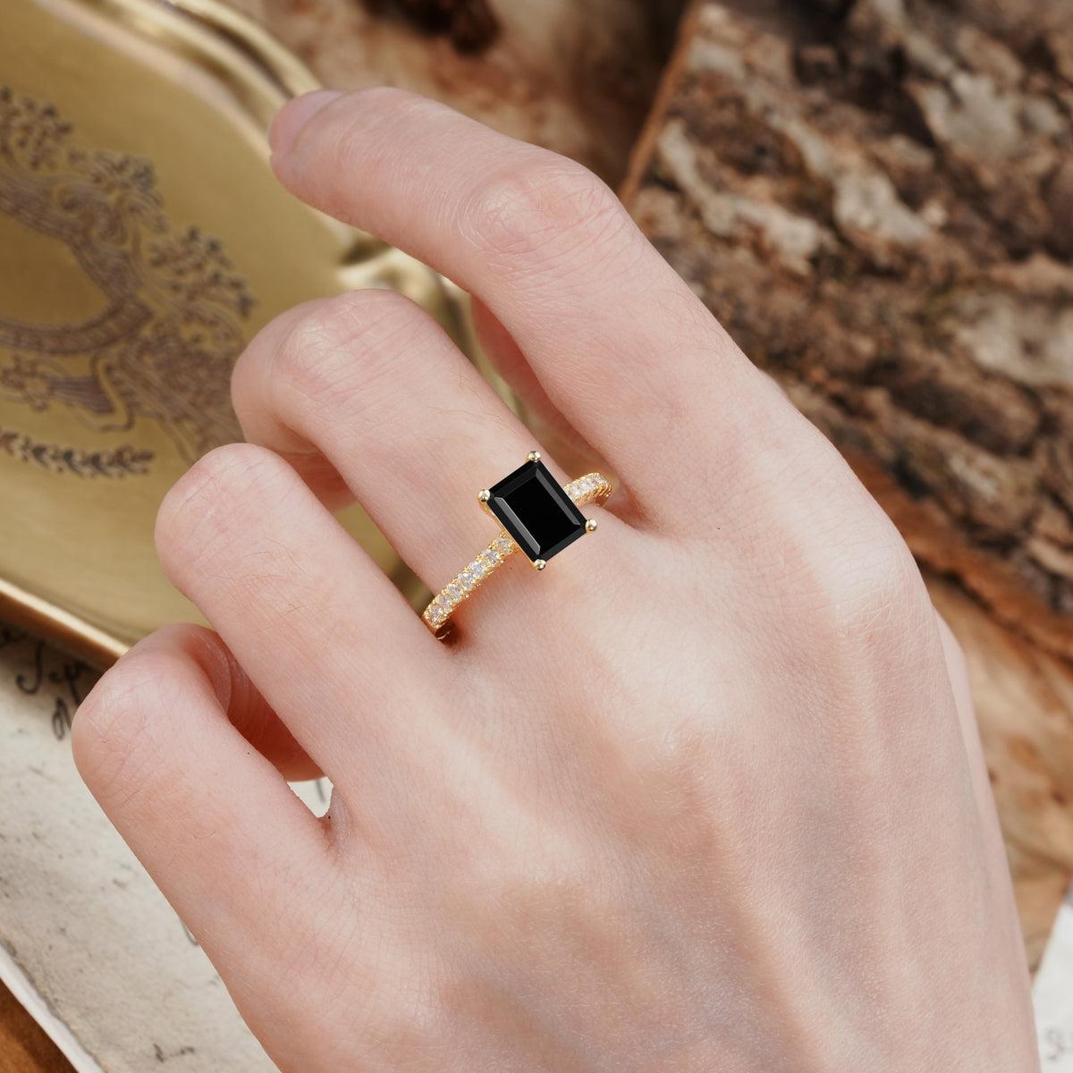 Unique, Minimalist 4-Prong Emerald Cut Black Onyx Engagement Ring - Additional view