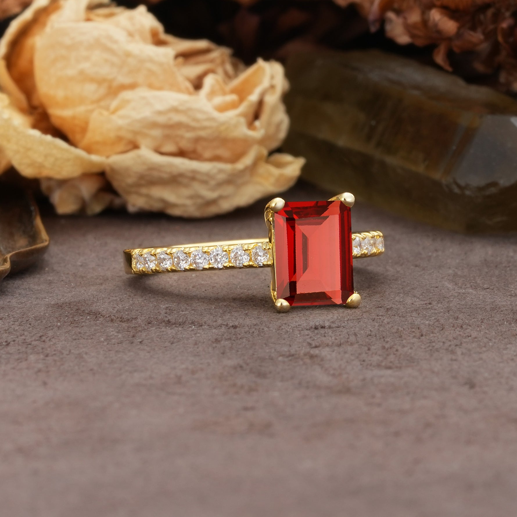 Unique, Minimalist 4-Prong Emerald Cut Garnet Engagement Ring - Additional view