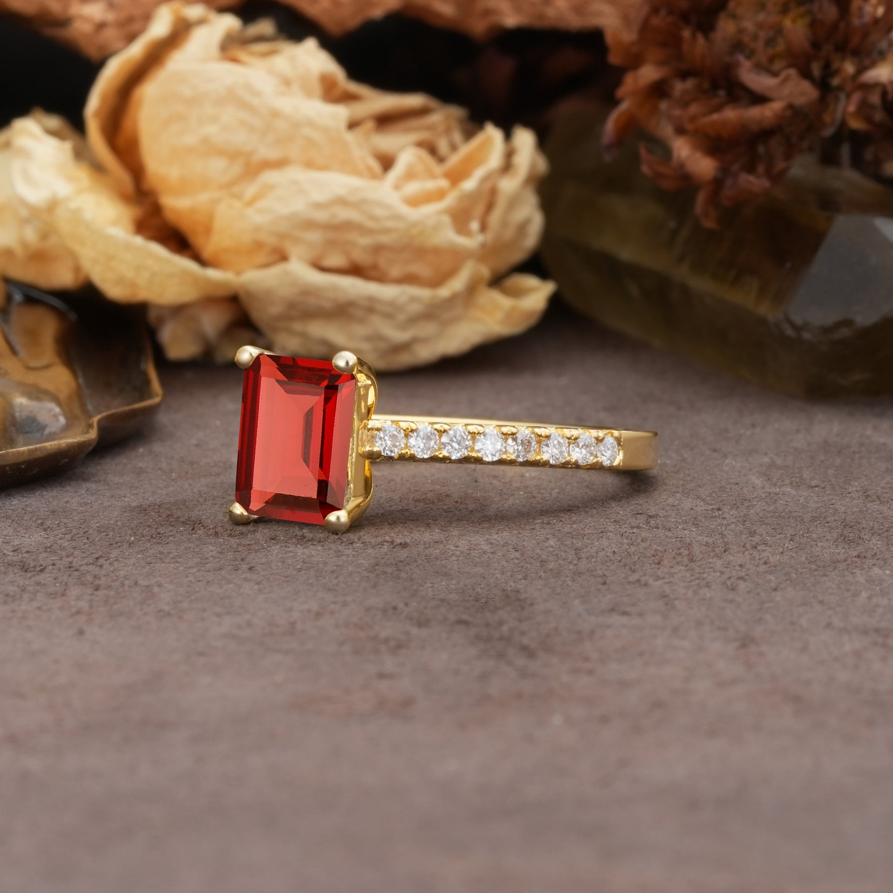 Unique, Minimalist 4-Prong Emerald Cut Garnet Engagement Ring - Additional view