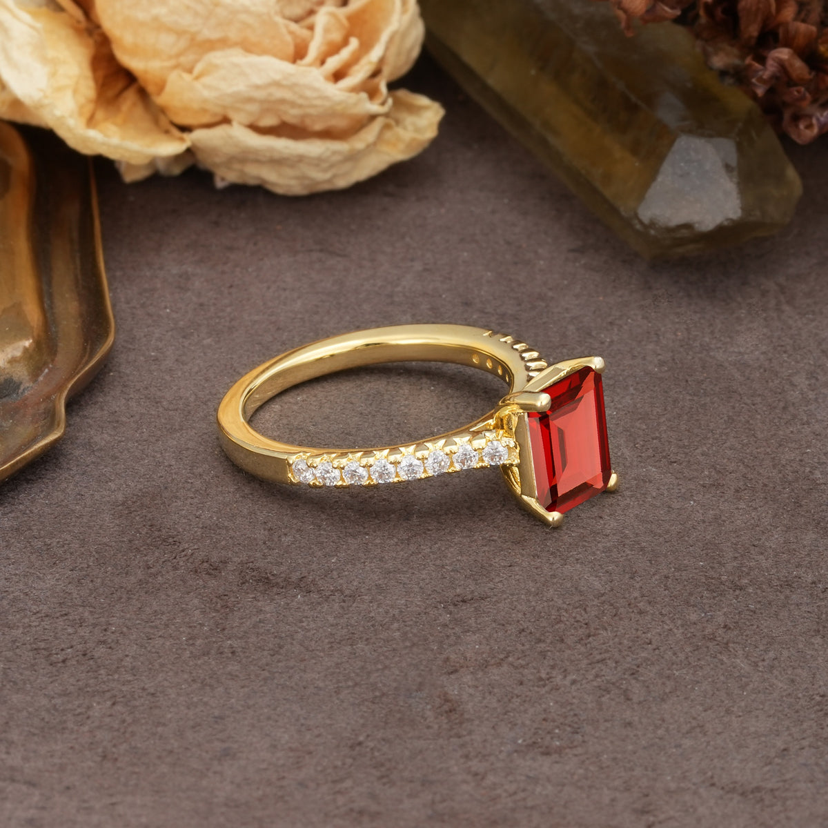 Unique, Minimalist 4-Prong Emerald Cut Garnet Engagement Ring - Additional view