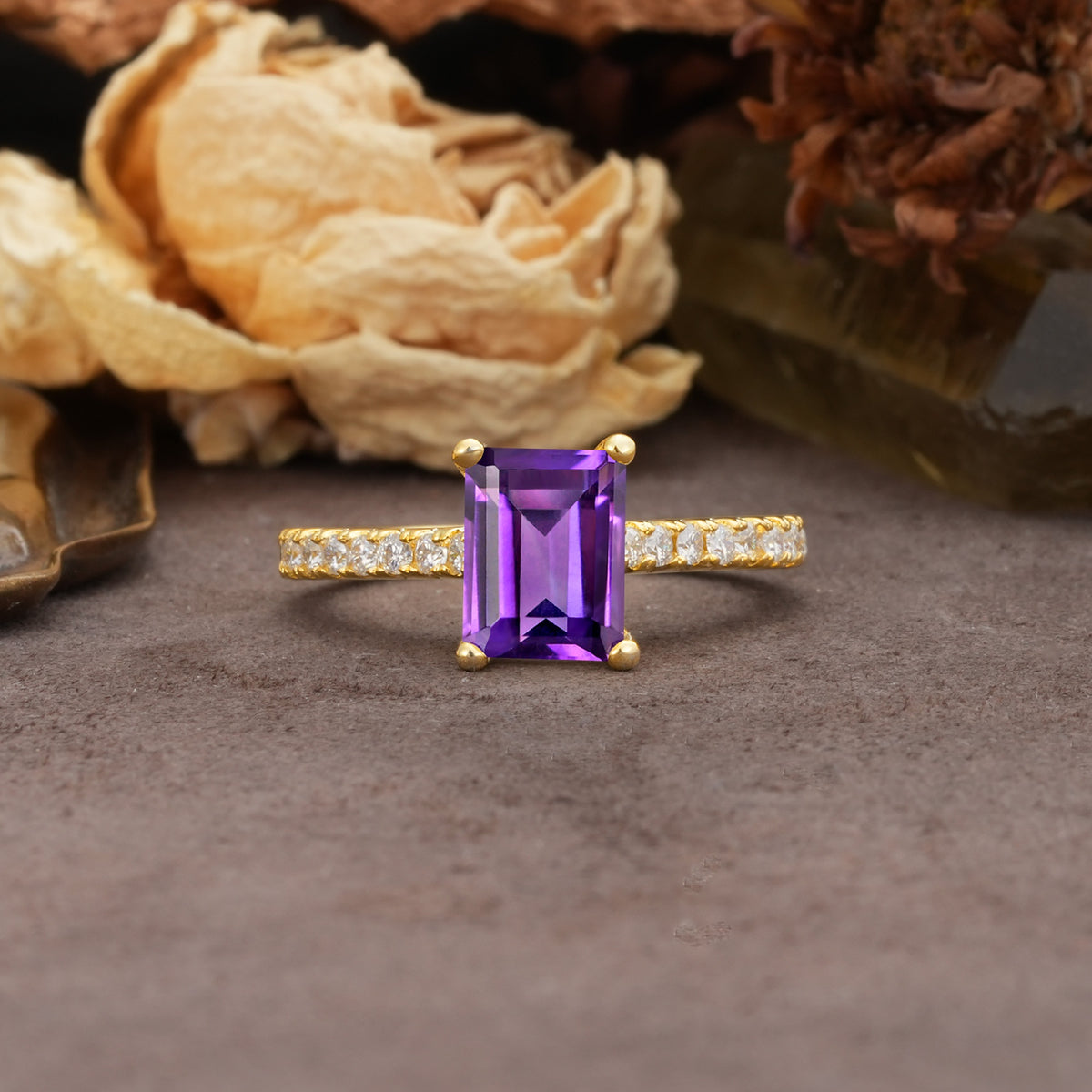 Unique, Minimalist 4-Prong Emerald Cut Amethyst Engagement Ring - Additional view