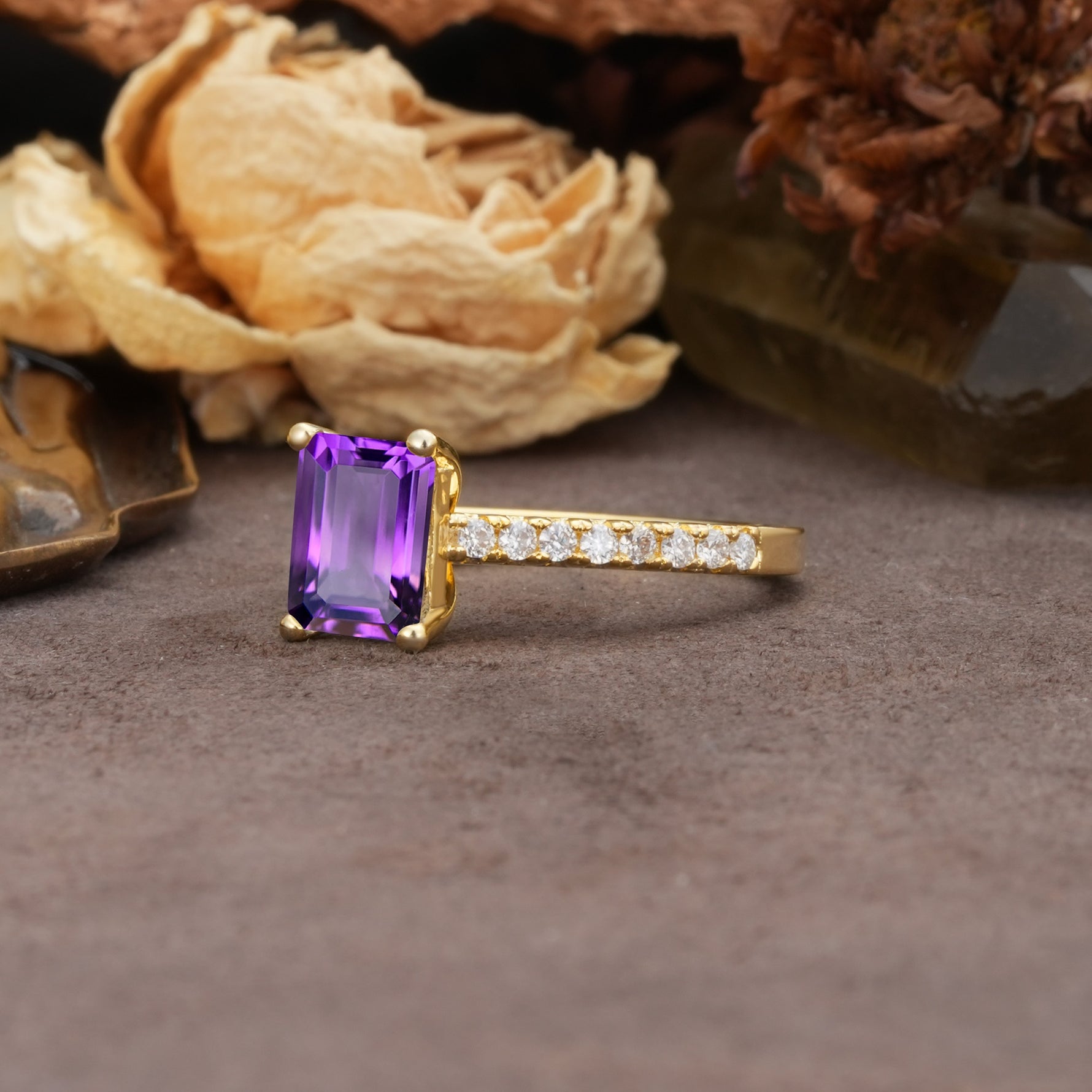 Unique, Minimalist 4-Prong Emerald Cut Amethyst Engagement Ring - Additional view