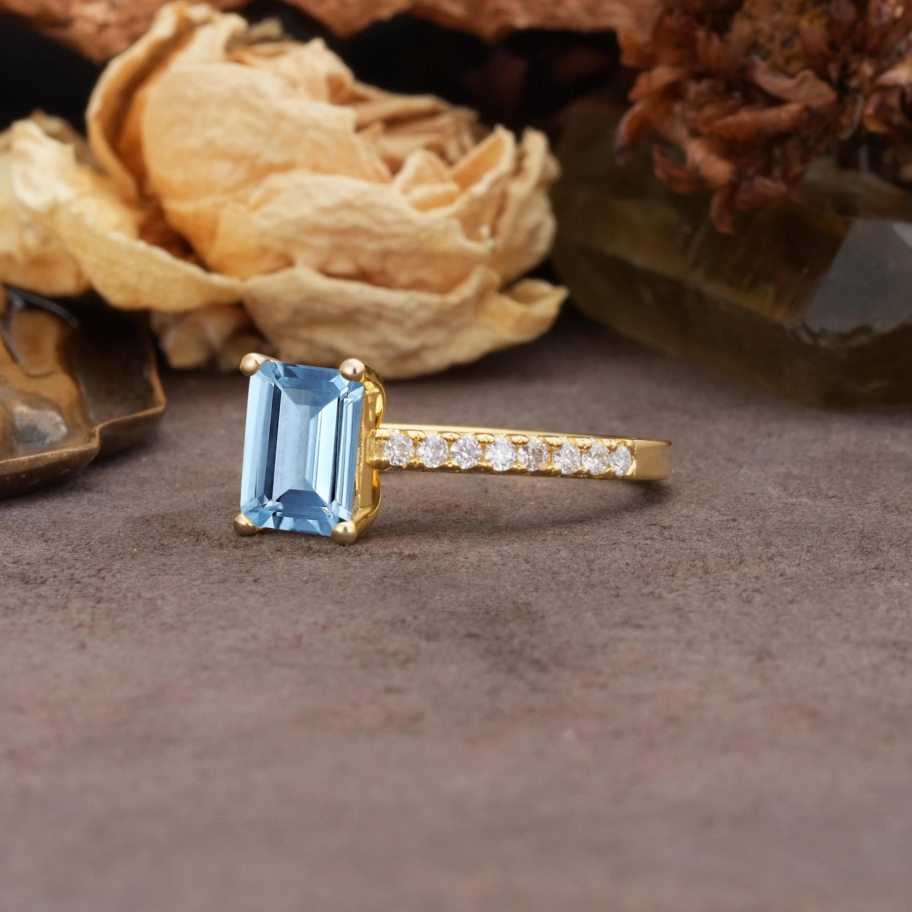 Unique, Minimalist 4-Prong Emerald Cut Aquamarine Engagement Ring - Additional view