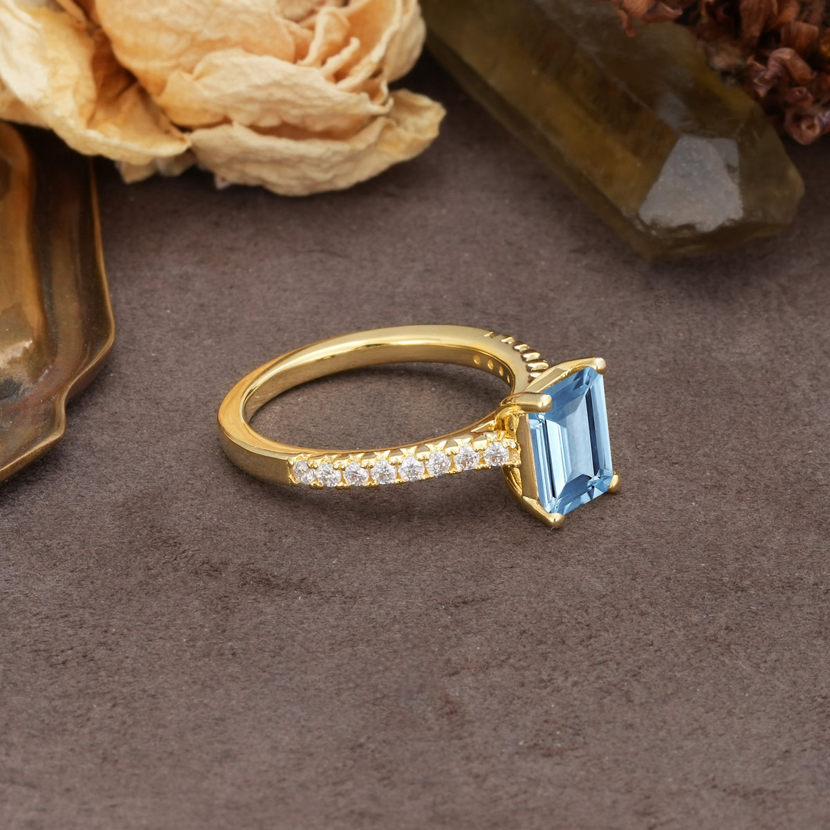 Unique, Minimalist 4-Prong Emerald Cut Aquamarine Engagement Ring - Additional view