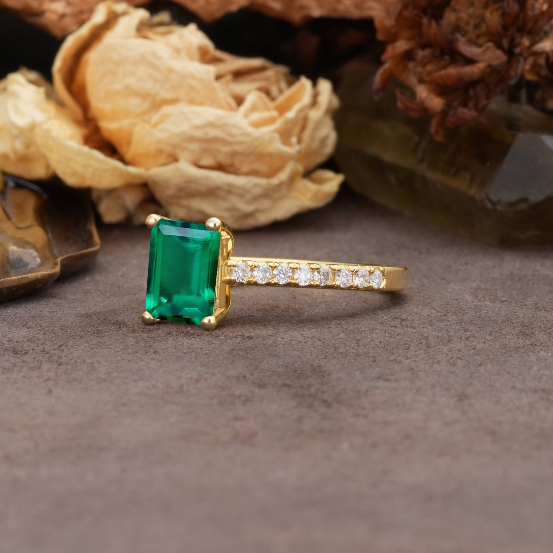 Unique, Minimalist 4-Prong Emerald Cut Emerald Engagement Ring - Additional view