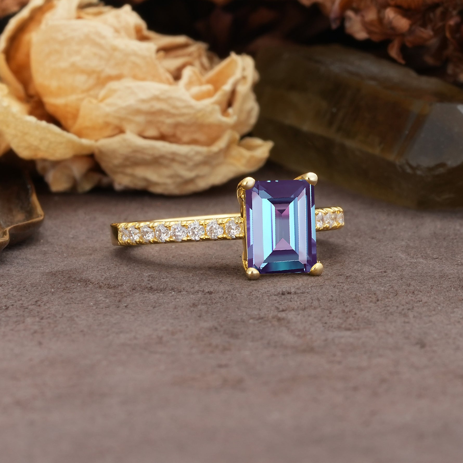 Unique, Minimalist 4-Prong Emerald Cut Alexandrite Engagement Ring - Additional view